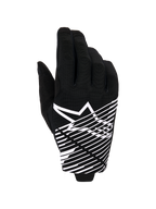 Alpinestars 2026 Radar Pro Handschuhe, Motocross-Handschuhe, Schwarz und Weiß, mit weißem Stern-Logo und diagonalen Liniengrafiken auf dem Handrücken, atmungsaktives Mesh-Material mit perforierten Details, Performance-Offroad-Styling