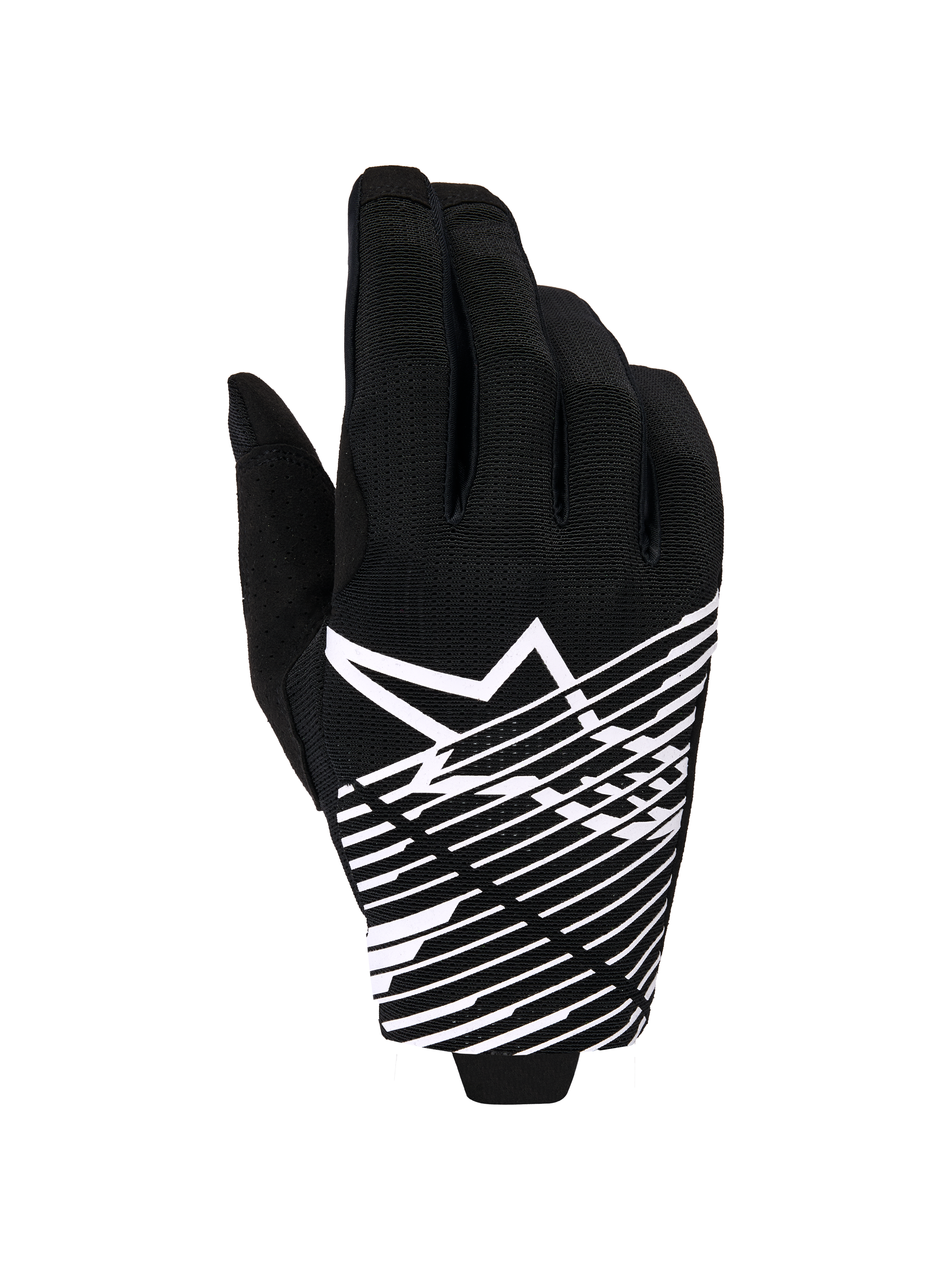Alpinestars 2026 Radar Pro Handschuhe, Motocross-Handschuhe, Schwarz und Weiß, mit weißem Stern-Logo und diagonalen Liniengrafiken auf dem Handrücken, atmungsaktives Mesh-Material mit perforierten Details, Performance-Offroad-Styling