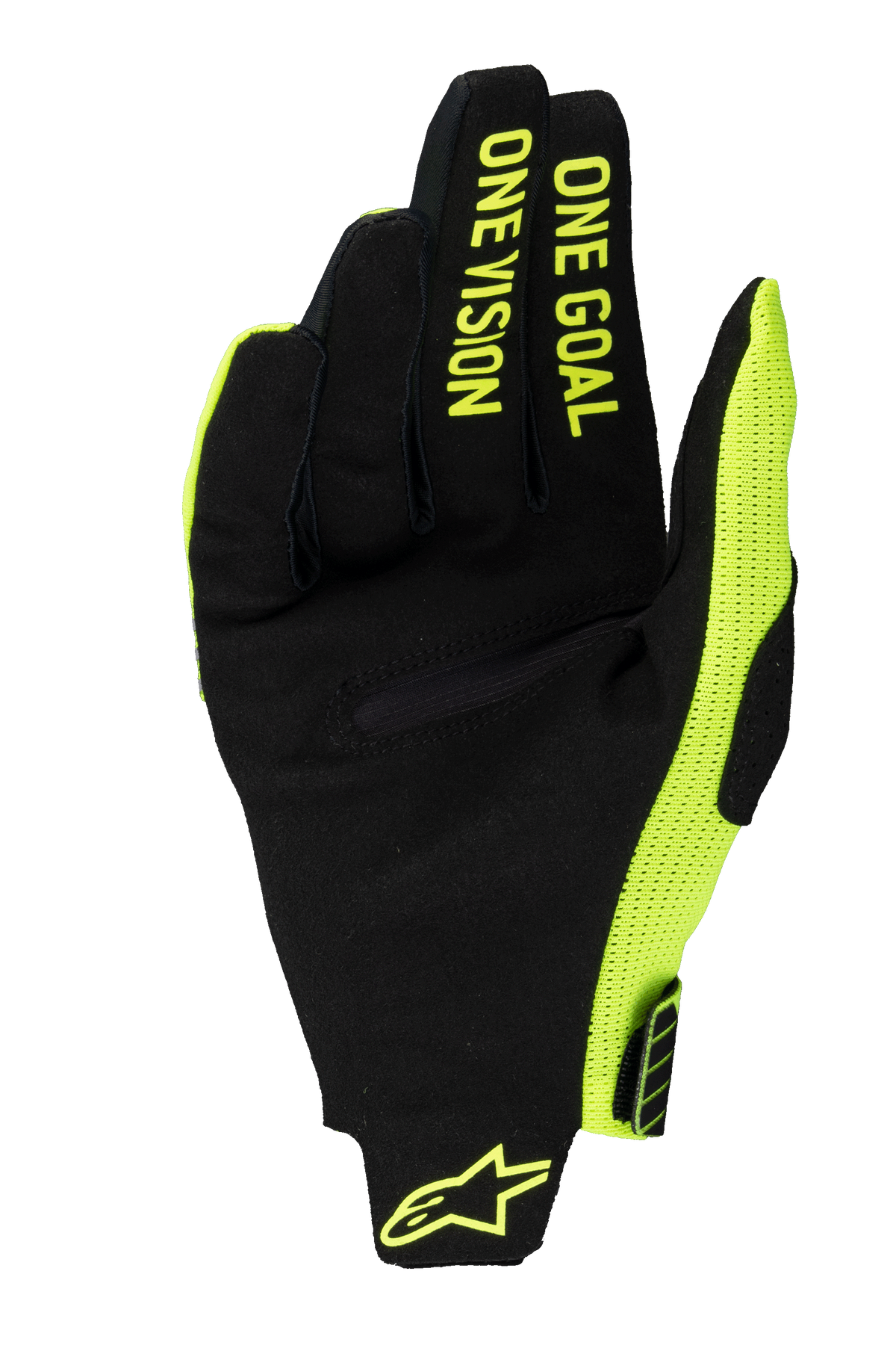 Alpinestars 2025 Radar Pro Handschuhe, Motocross-Handschuhe, Gelb Fluo und Schwarz, Handflächenansicht aus synthetischem Wildleder mit „ONE GOAL ONE VISION“-Schriftzug auf den Fingern, neongelbem Mesh-Seitenpaneel und Logo am Handgelenk.