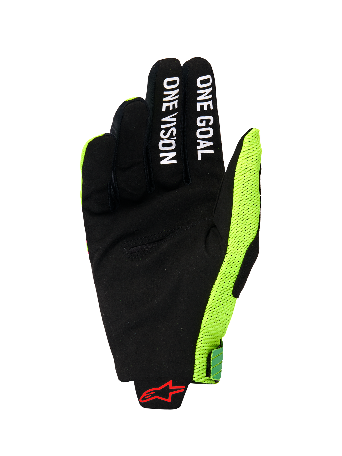 Alpinestars 2026 Radar Pro Handschuhe, Handflächenansicht eines Motocross-Handschuhs, schwarzes synthetisches Wildleder mit weißem „ONE GOAL“ und „ONE VISION“ Schriftzug auf den Fingern, leuchtend neongelbes Mesh-Seitenpanel, rotes Alpinestars-Logo am Handgelenk, minimalistische Performance-Ausrüstung für den Offroad-Einsatz