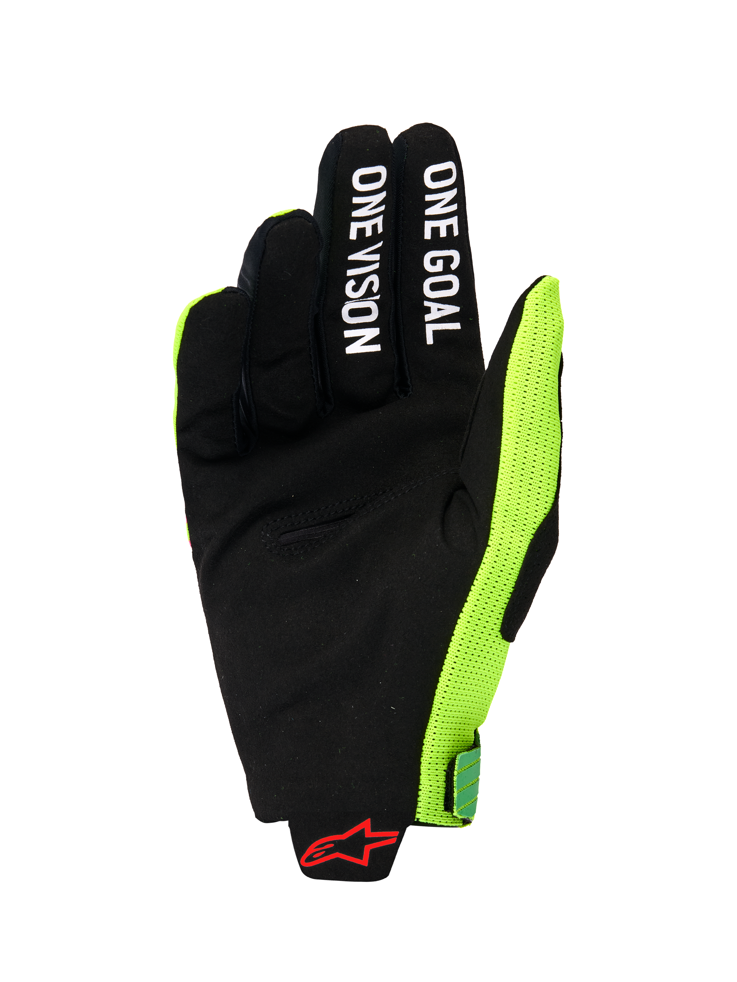 Alpinestars 2026 Radar Pro Handschuhe, Handflächenansicht eines Motocross-Handschuhs, schwarzes synthetisches Wildleder mit weißem „ONE GOAL“ und „ONE VISION“ Schriftzug auf den Fingern, leuchtend neongelbes Mesh-Seitenpanel, rotes Alpinestars-Logo am Handgelenk, minimalistische Performance-Ausrüstung für den Offroad-Einsatz