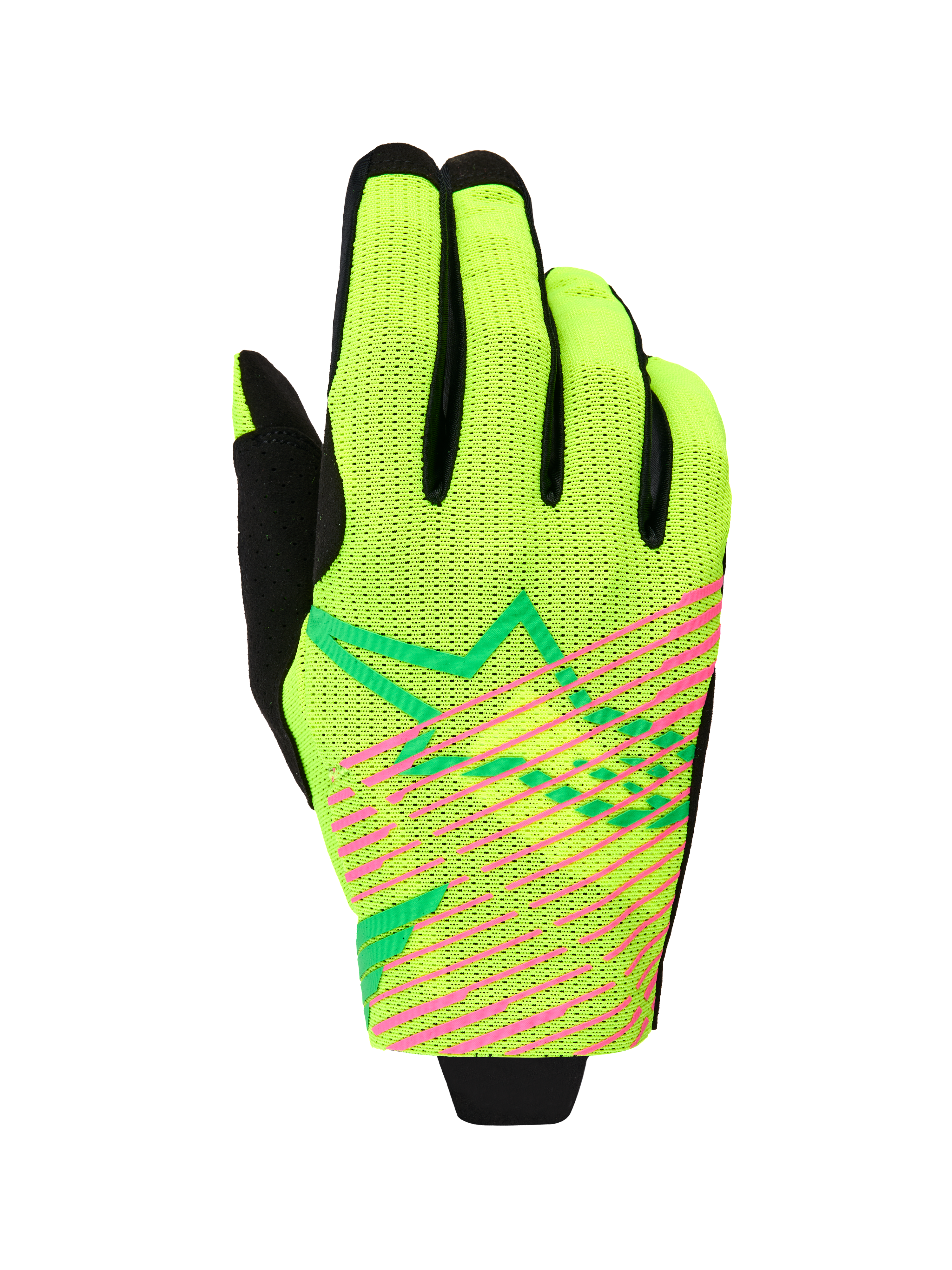 Alpinestars 2026 Radar Pro Handschuhe, Motocross-Handschuhe, Neongelb und Pink Fluo, einlagige Mesh-Konstruktion mit leuchtend pinken Diagonalstreifen und grünem geometrischem Stern-Logo, leichte Offroad-Rennausrüstung