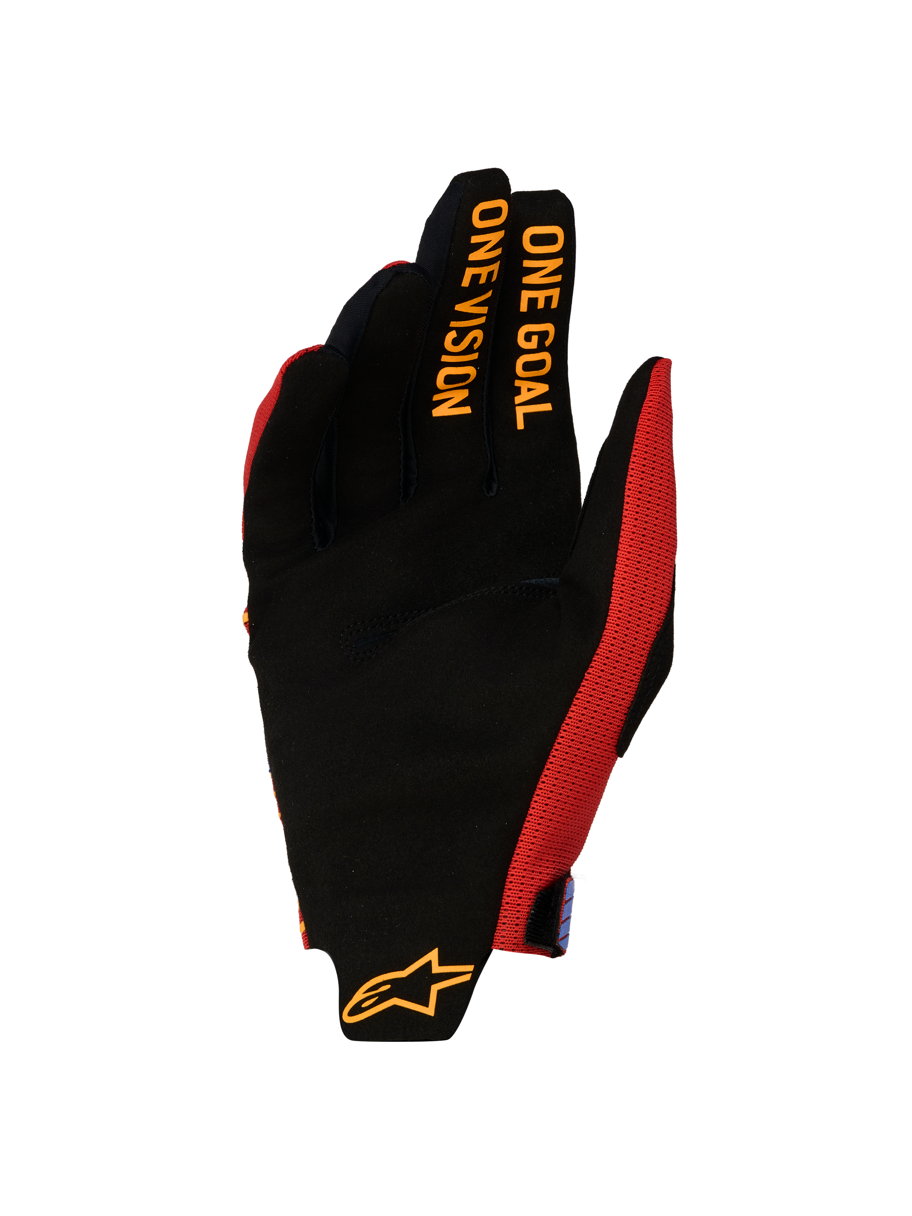 Alpinestars Radar Pro Herren-Motocross-Handschuhe in Rot und Schwarz, Wildlederhandfläche und One Goal One Vision Grafik.