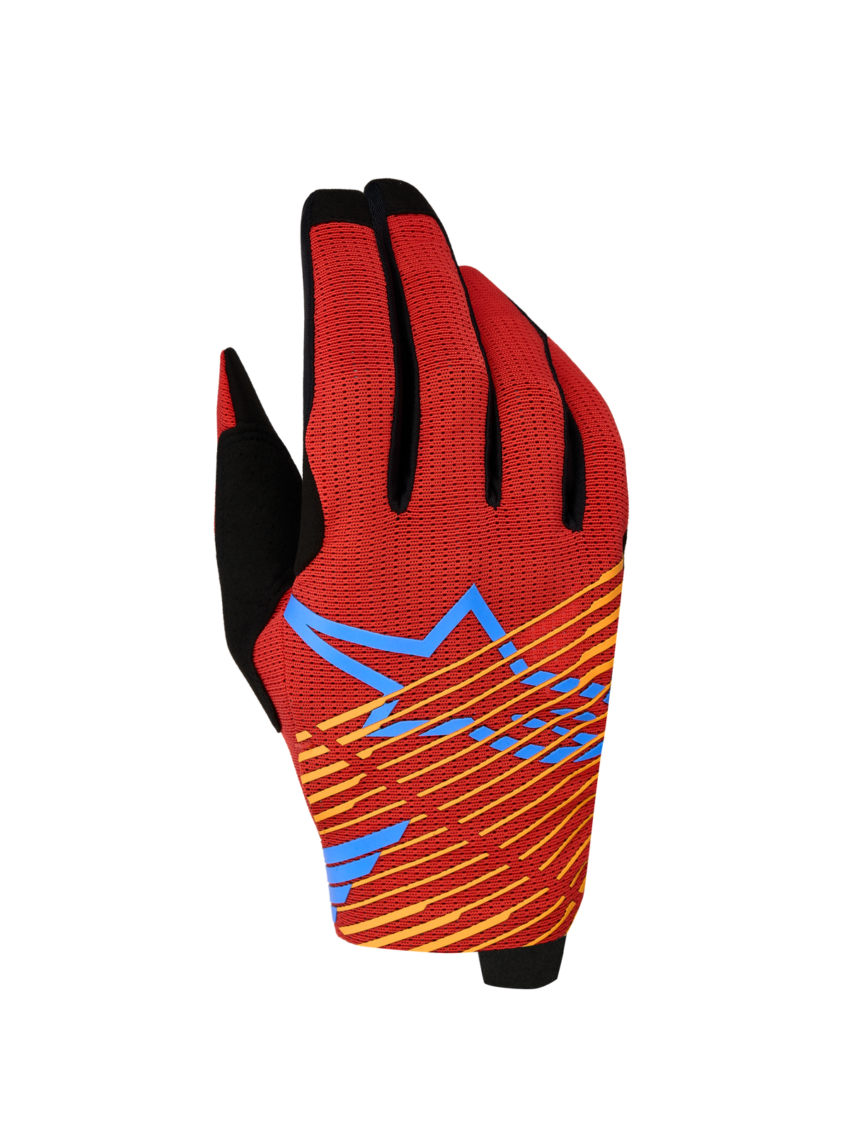 Alpinestars Radar Pro Handschuhe 2027, Motocross-Handschuhe, Rot und Schwarz, 4-Wege-Stretch-Mesh mit blauer Sterngrafik.
