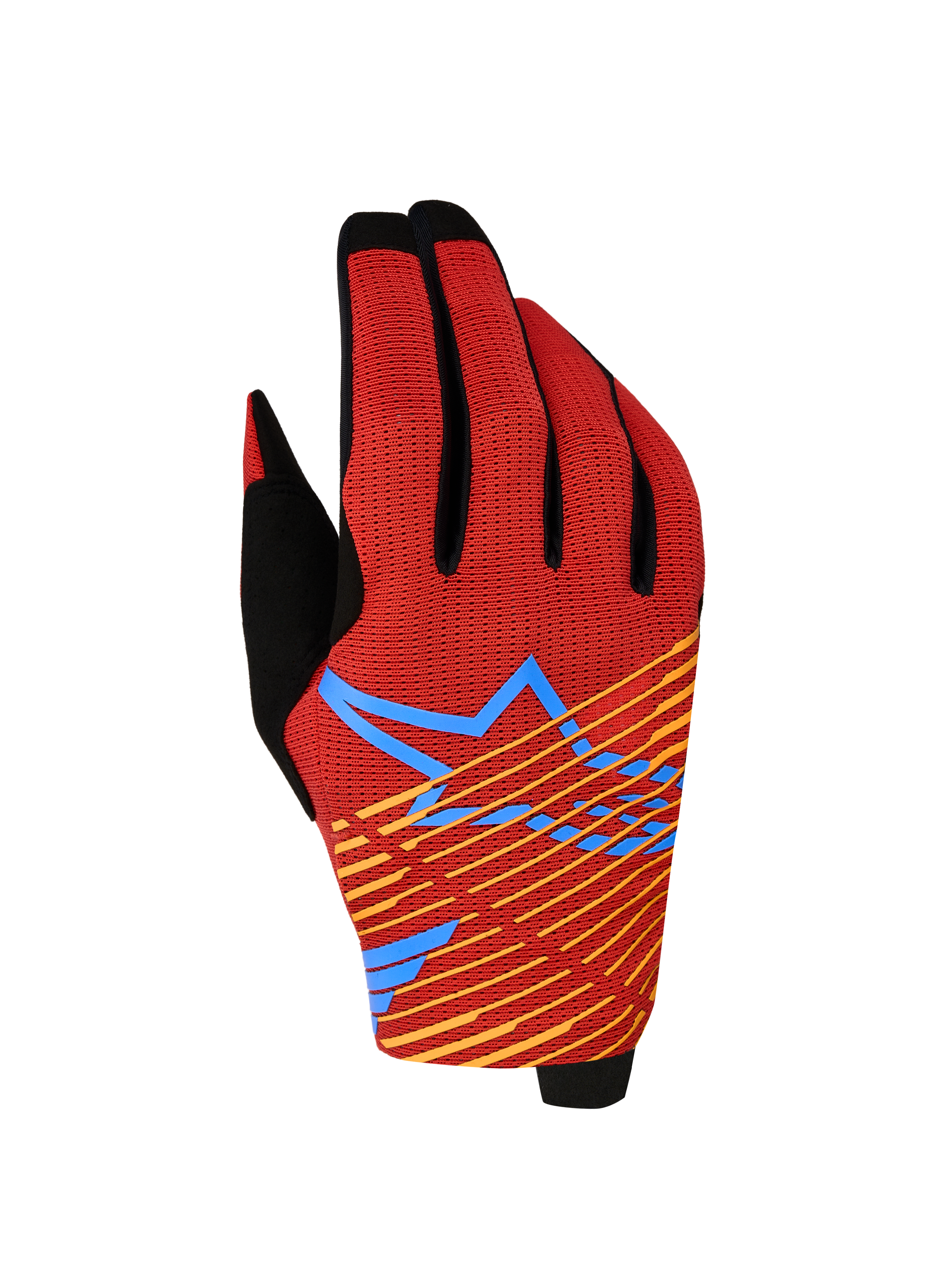 Alpinestars Radar Pro Handschuhe 2027, Motocross-Handschuhe, Rot und Schwarz, 4-Wege-Stretch-Mesh mit blauer Sterngrafik.