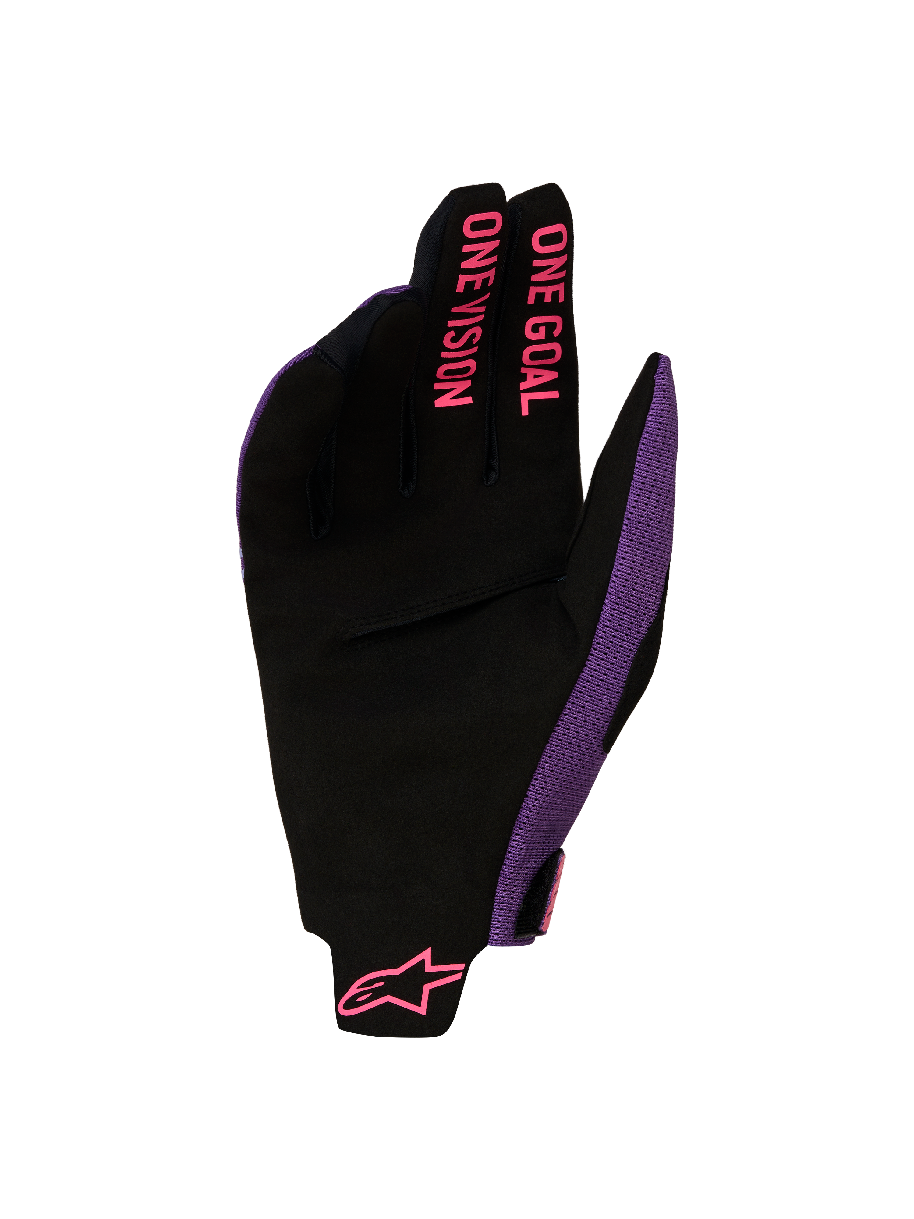 Alpinestars Radar Pro Handschuhe 2027, Motocross-Handschuhe in Schwarz und Lila mit pinker ONE GOAL ONE VISION Fingergrafik