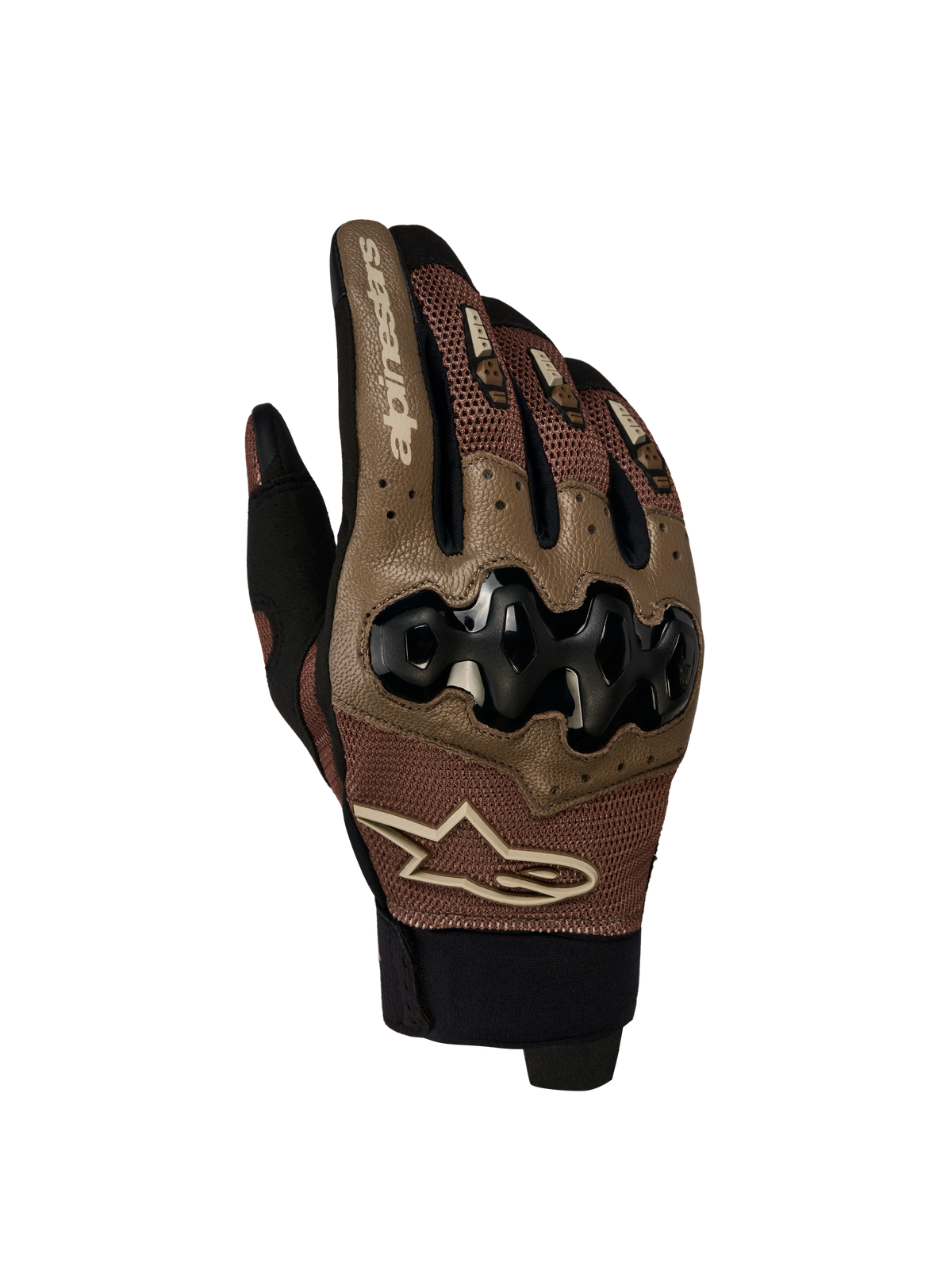 Alpinestars Megawatt V 2 Air Handschuhe, Herren-Enduro-Motorradhandschuhe in Walnussbraun und Schwarz, Vorderansicht mit Details zur Oberhand, Dynamic Friction Shield Knöchelprotektion und atmungsaktiver 3D-Mesh-Konstruktion