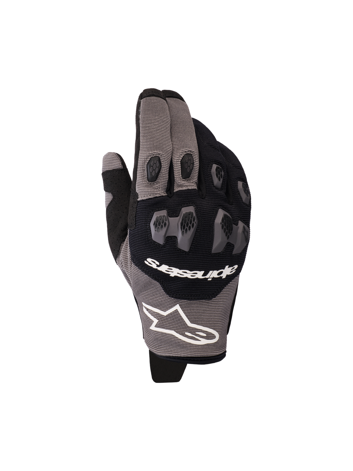 Alpinestars 2026 Pro-Dura Gloves, motorcycle gloves, Black and Gray, featuring two-piece TPR knuckle protection with a hexagonal pattern, white Alpinestars logo, mesh and multi-panel stretch construction, designed for enduro and off-road riding performance.