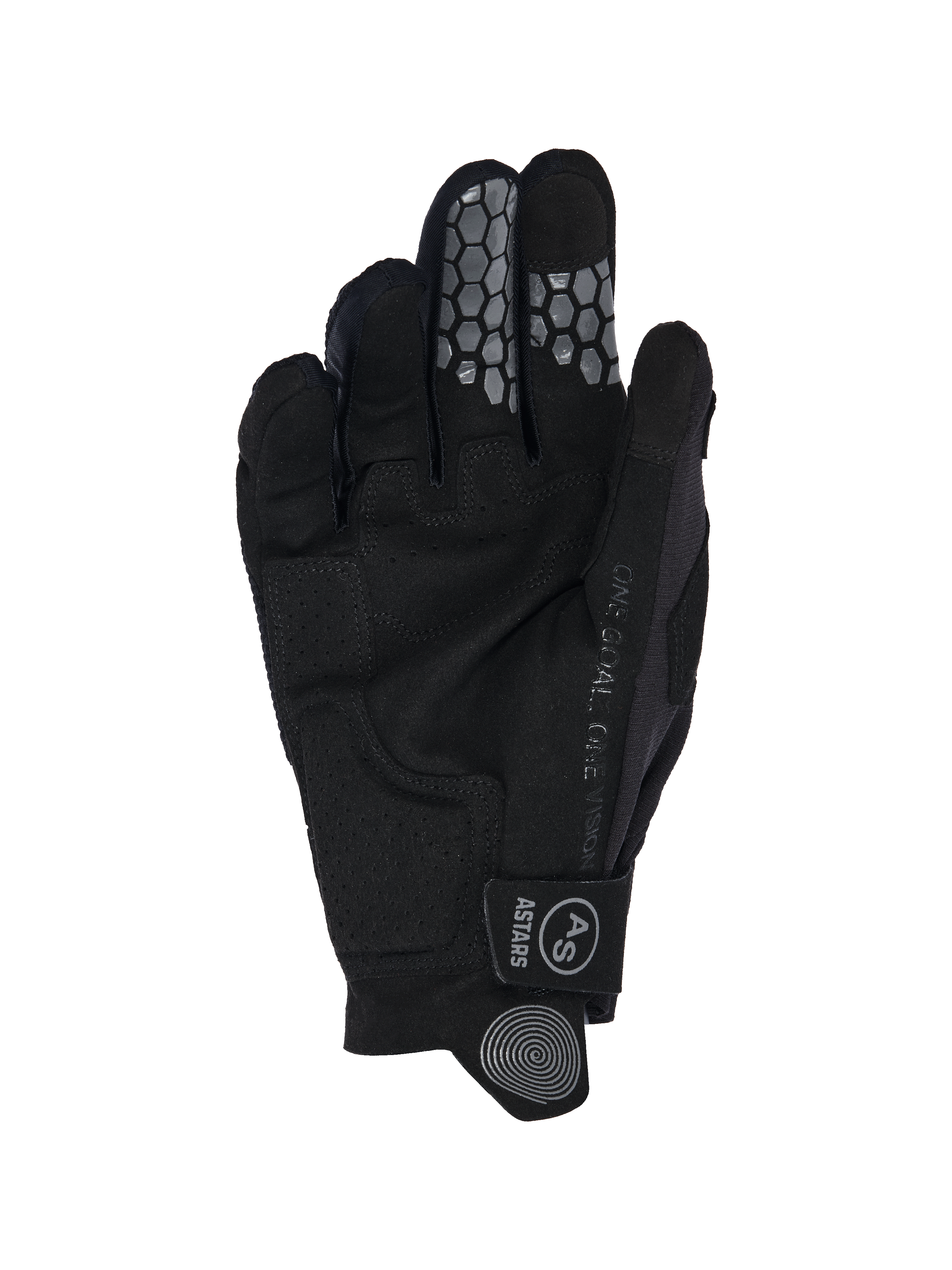 Alpinestars 2026 Radar Pro Handschuhe, Motocross-Handschuhe, Schwarz, Handflächenansicht mit Konstruktion aus synthetischem Wildleder, grauer Waben-Silikon-Grip an Zeige- und Mittelfinger, „One Goal. One Vision.“ Schriftzug an der Seite und Klettverschlussriemen mit AS-Logo.