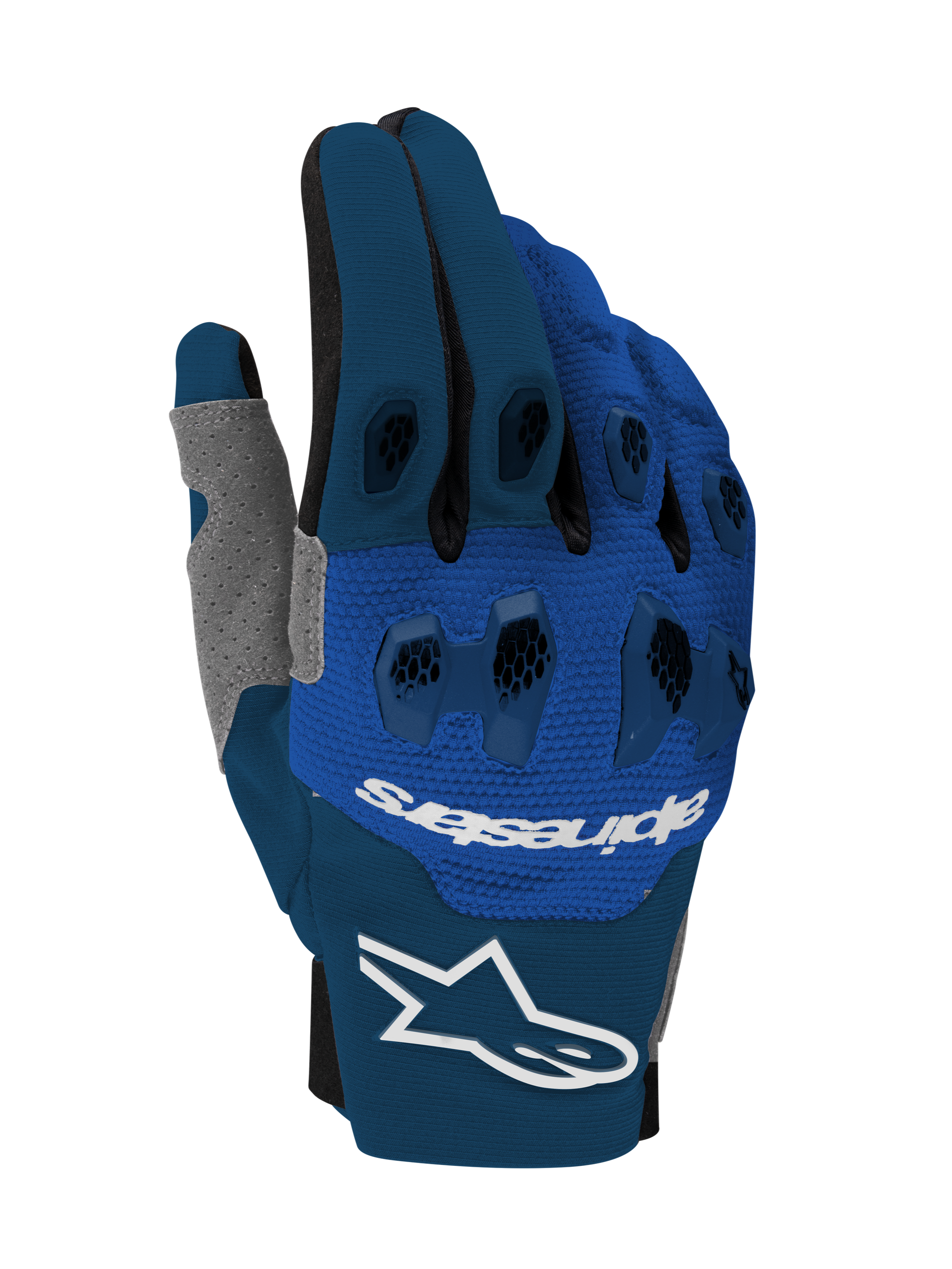 Alpinestars 2026 Pro-Dura Handschuhe, Motocross- und Enduro-Handschuhe, Marineblau, Hellblau und Weiß, mit zweiteiligem TPR-Knöchelschutz, mehrteiliger Stretch-Konstruktion, weißem Alpinestars-Logo auf der Manschette und Branding auf dem Handrücken, technisches Offroad-Design