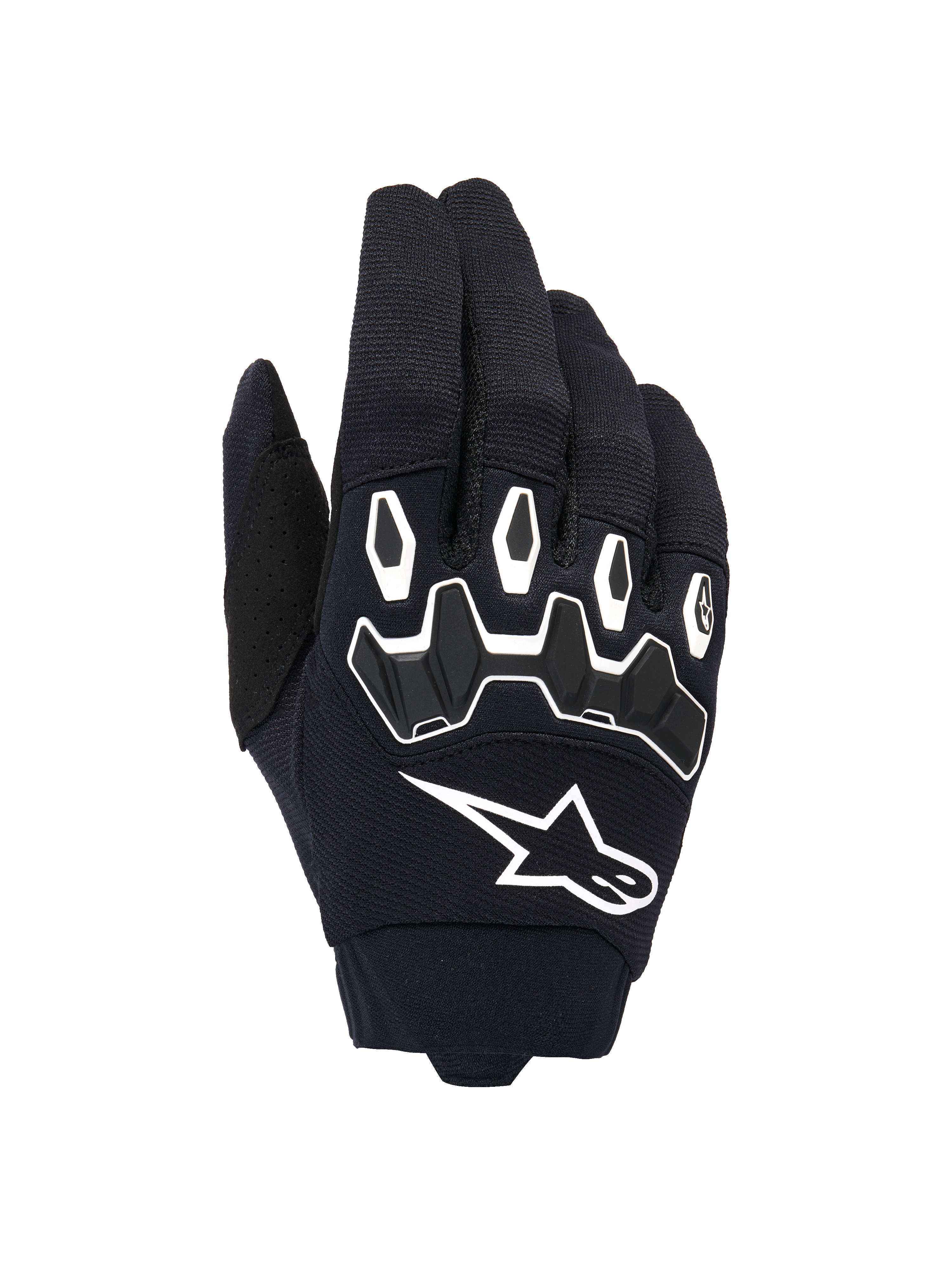 Alpinestars Full Bore V2 Gloves, Motocross Gloves, Black and White, backhand view showing ergonomic TPR knuckle protection with hexagonal shapes, white Alpinestars logo, breathable stretch textile construction, durable off-road racing gear