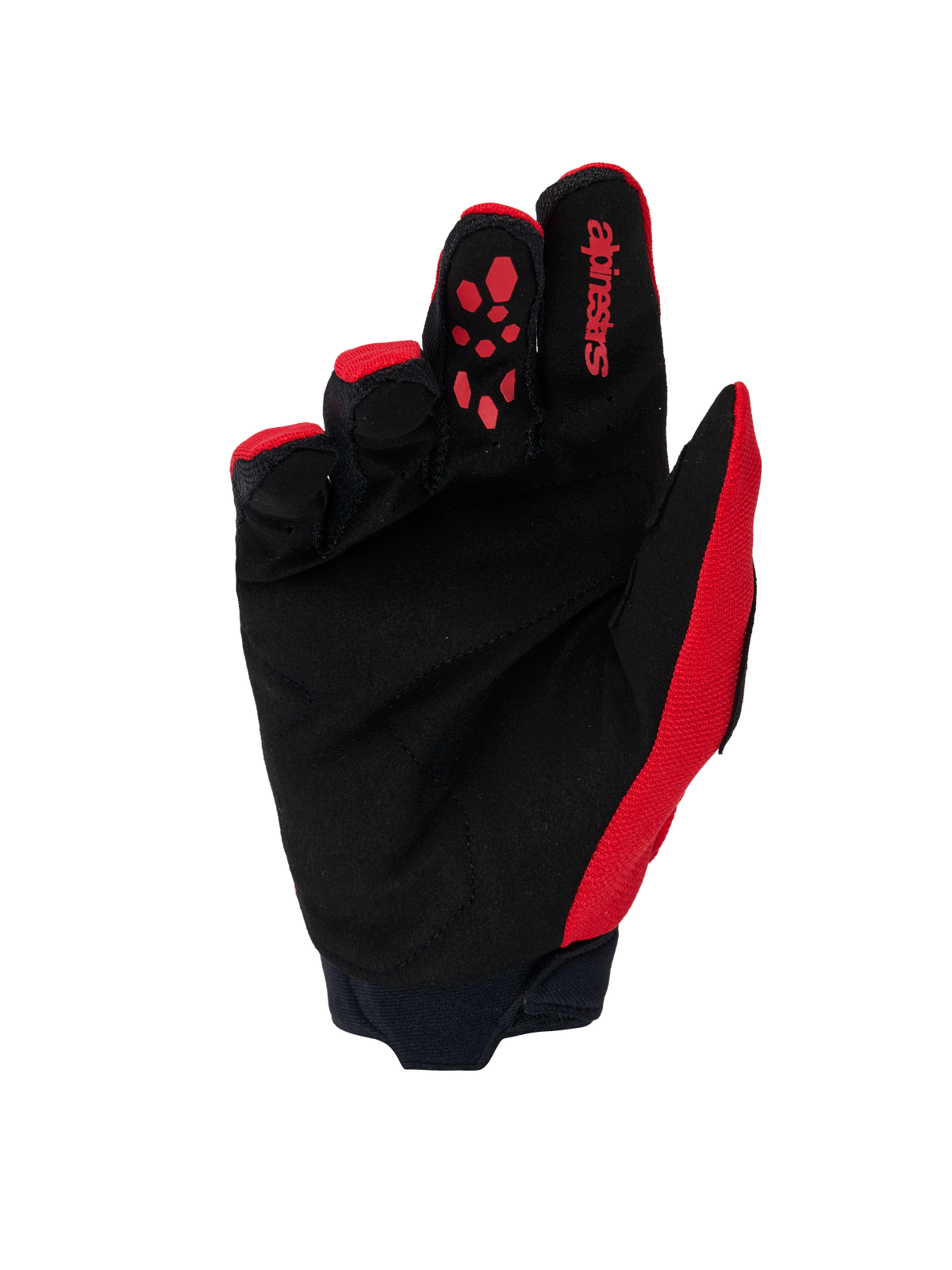 Alpinestars Full Bore V2 Handschuhe, Motocross-Handschuhe, Leuchtendes Rot und Schwarz, Handflächenansicht mit verstärktem schwarzem synthetischem Wildleder, roter Silikon-Grip am Zeigefinger, Alpinestars-Branding und Neoprenmanschette