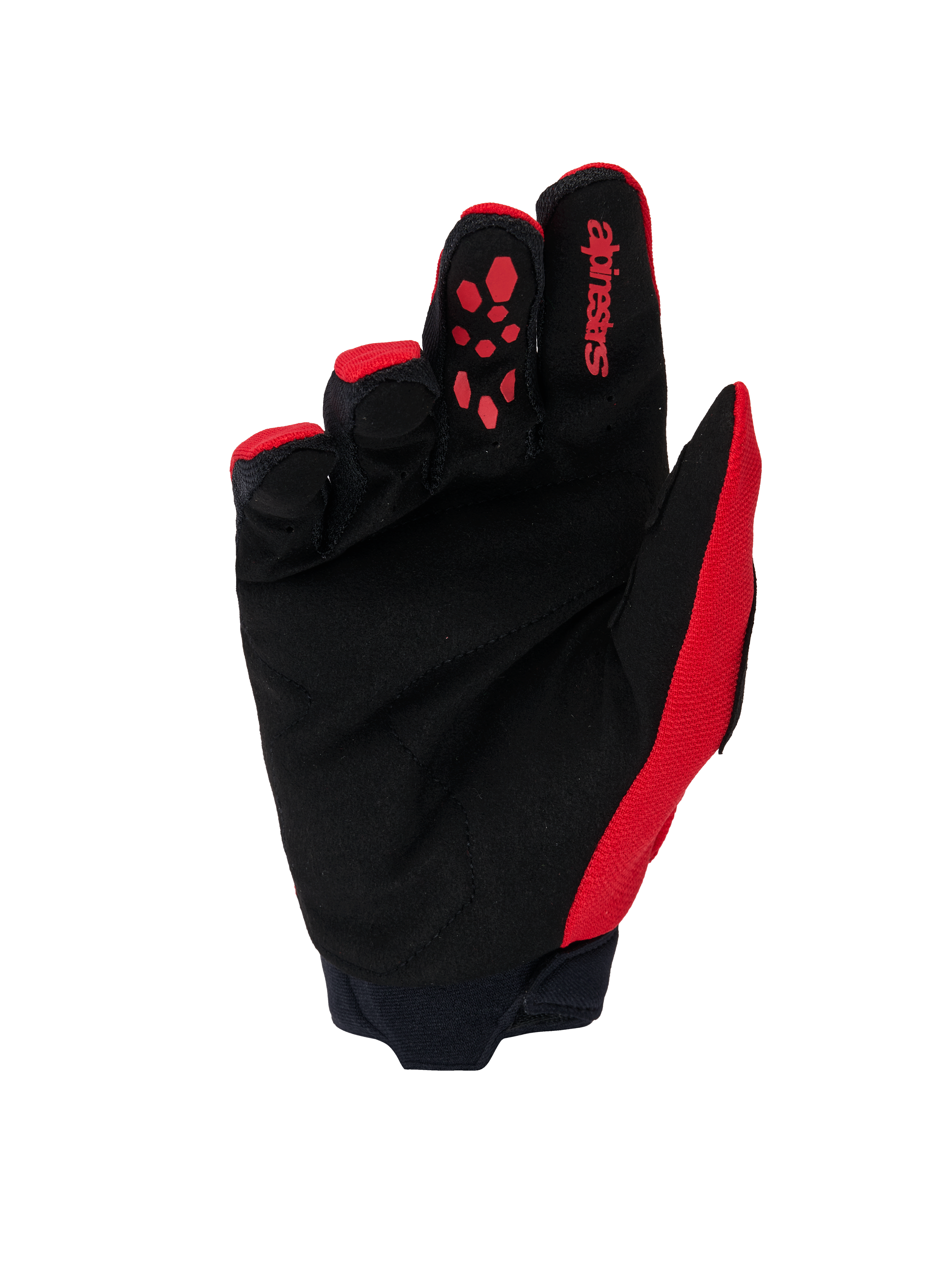 Alpinestars Full Bore V2 Handschuhe, Motocross-Handschuhe, Leuchtendes Rot und Schwarz, Handflächenansicht mit verstärktem schwarzem synthetischem Wildleder, roter Silikon-Grip am Zeigefinger, Alpinestars-Branding und Neoprenmanschette