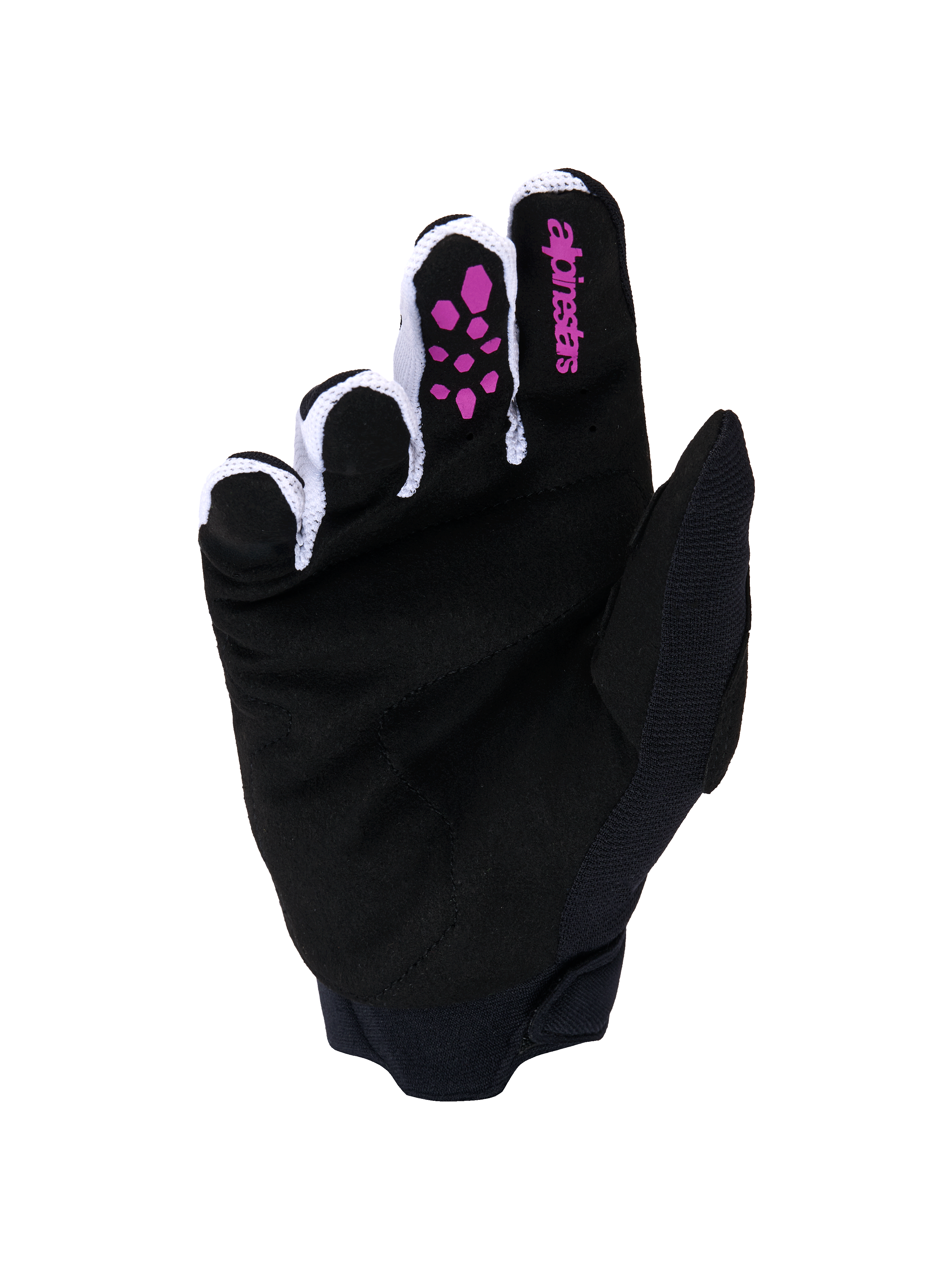 Alpinestars Full Bore V2 Gloves, Motocross Gloves, Purple and Black, palm view featuring black synthetic suede, purple silicone grip on fingers, Alpinestars logo on the index finger, white ventilated mesh between fingers, and black neoprene cuff