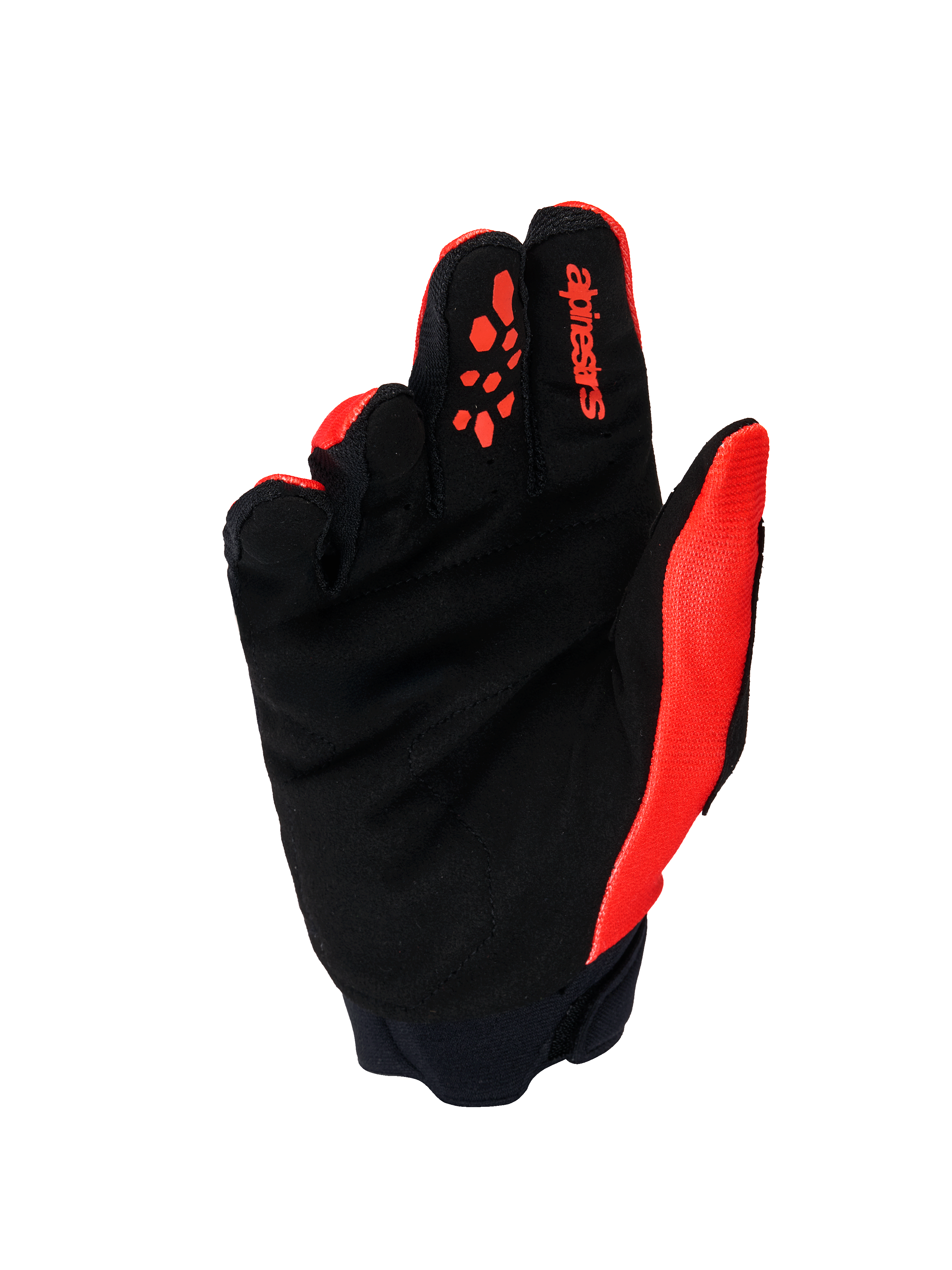 Alpinestars Full Bore V2 Gloves, Motocross Gloves, Orange and Black, palm side view showing reinforced synthetic suede palm, orange silicone finger grips, red Alpinestars logo on the index finger, and neoprene cuff.