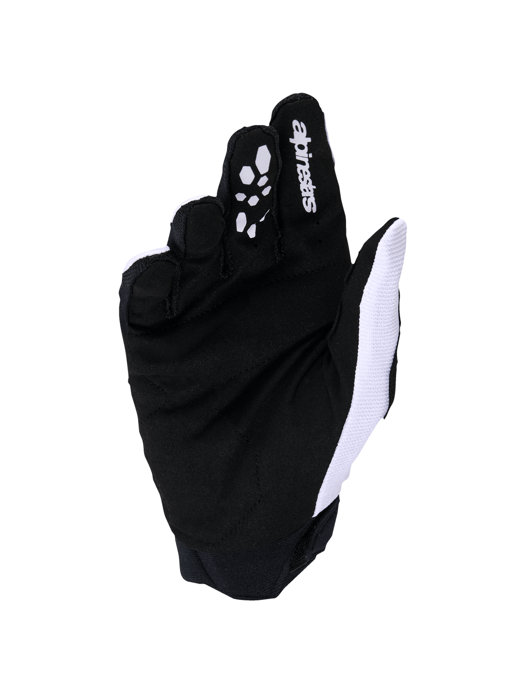 Alpinestars Full Bore V2 Handschuhe, Motocross-Handschuhe, Hellgrau und Schwarz, Handflächenansicht mit verstärktem synthetischem Wildleder und Silikongriff an den Fingern, weißes atmungsaktives Mesh an der Daumenseite, Alpinestars-Logo auf dem Zeigefinger