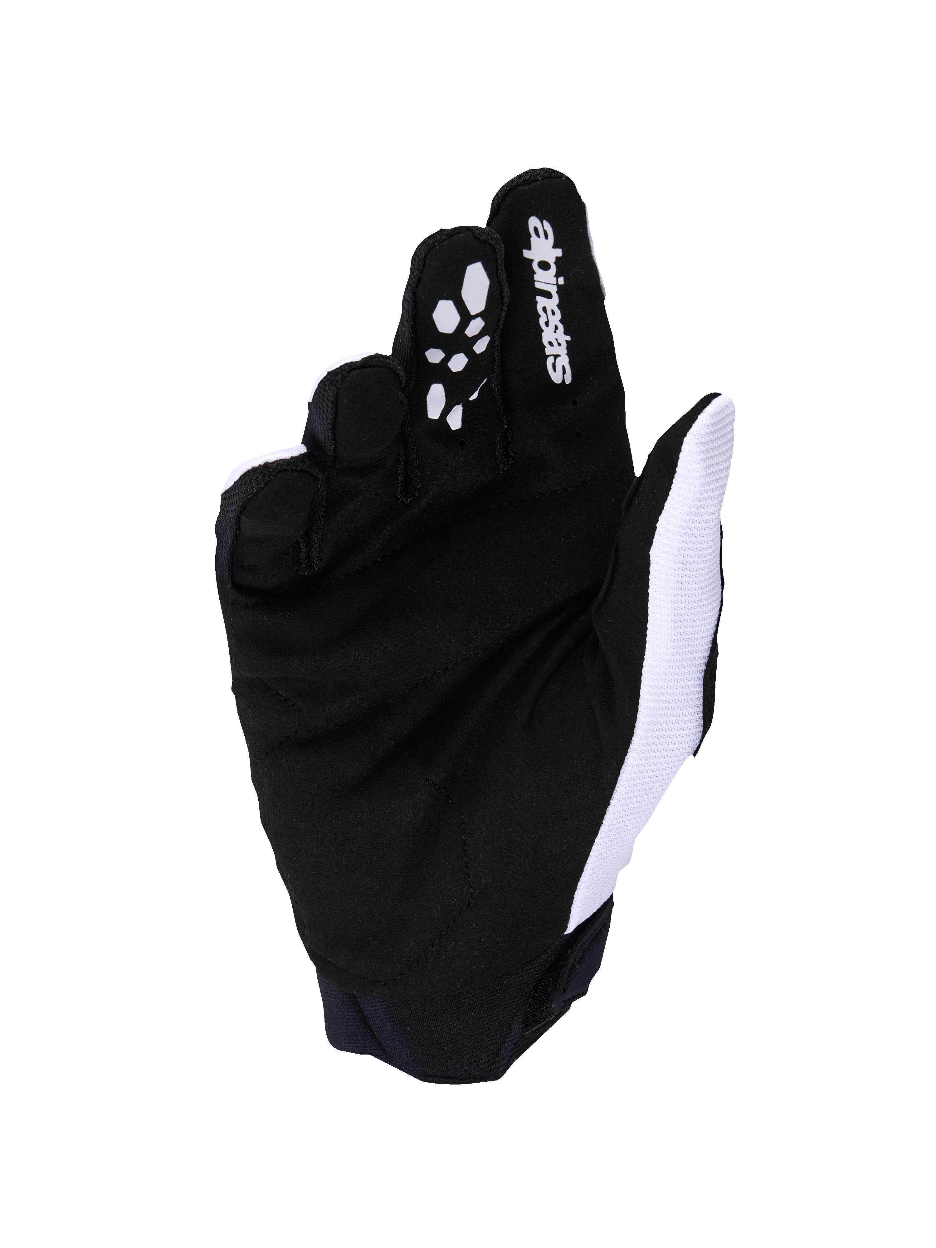 Alpinestars Full Bore V2 Handschuhe, Motocross-Handschuhe, Hellgrau und Schwarz, Handflächenansicht mit verstärktem synthetischem Wildleder und Silikongriff an den Fingern, weißes atmungsaktives Mesh an der Daumenseite, Alpinestars-Logo auf dem Zeigefinger