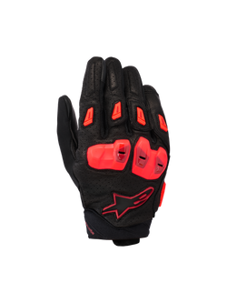 Alpinestars SP X 7 Gloves, Short-Cuff Motorcycle Sport Gloves, Black and Red Fluo, featuring perforated leather chassis with double-density TPU knuckle protection, TPR finger sliders, and a compact cuff design