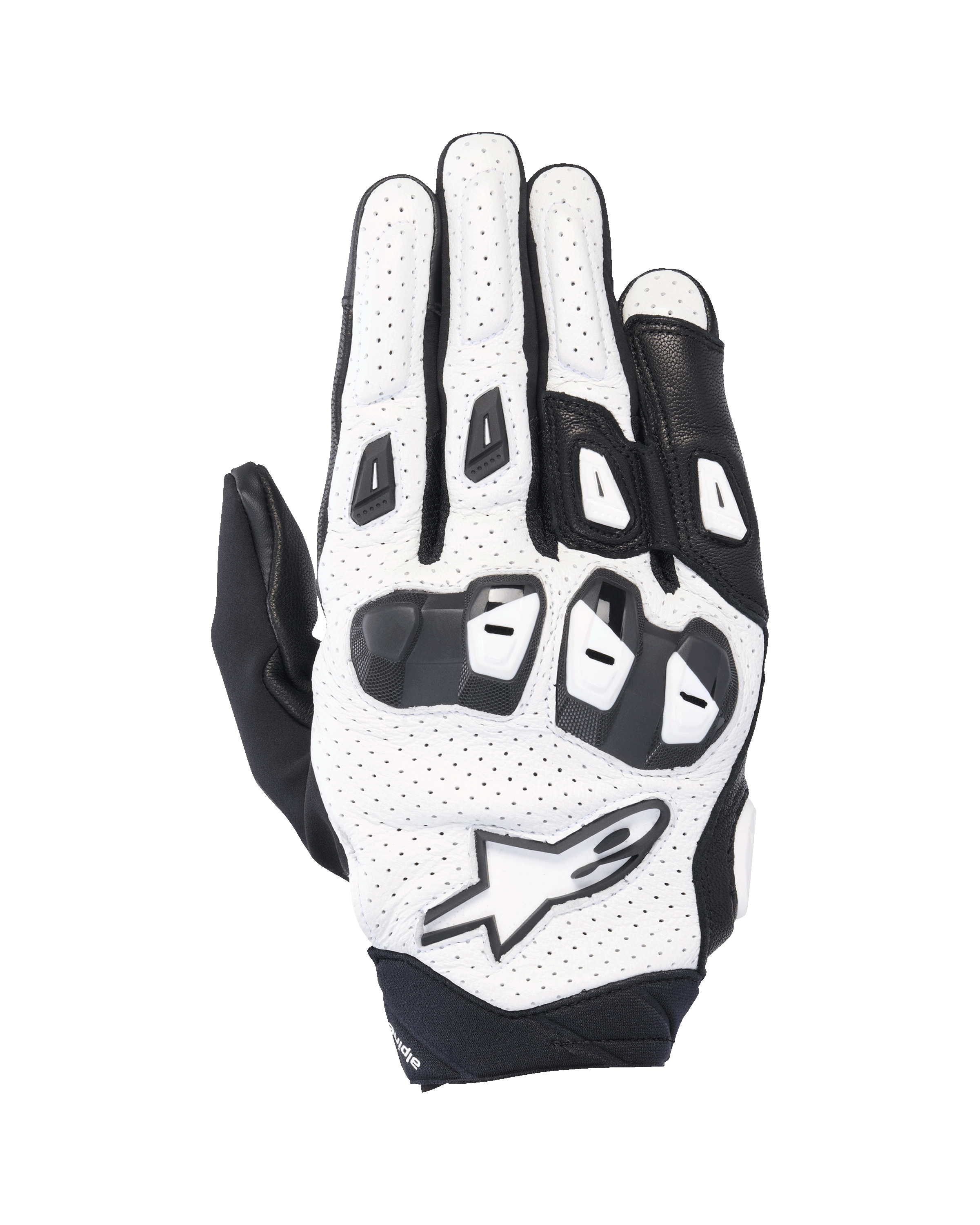 Alpinestars SP X 7 Gloves, Short Sport Motorcycle Gloves, White and Black, featuring perforated leather construction and double-density TPU knuckle protection, white star logo, ventilated design for summer performance riding