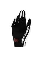 Alpinestars Supertech MX Handschuhe 2027, schwarz-weiße Motocross-Rennhandschuhe mit roten Akzenten und Perforation.