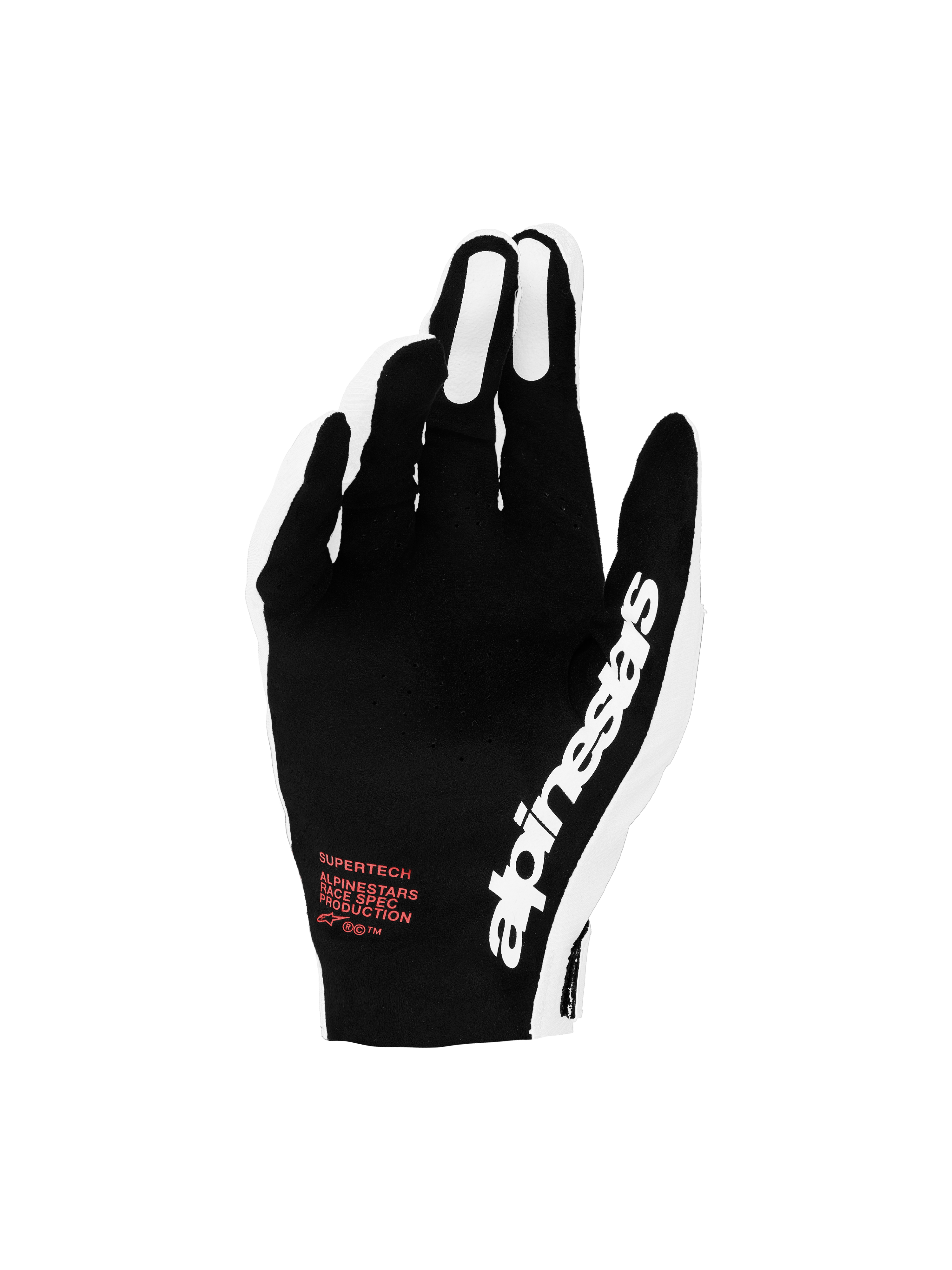 Alpinestars Supertech MX Handschuhe 2027, schwarz-weiße Motocross-Rennhandschuhe mit roten Akzenten und Perforation.