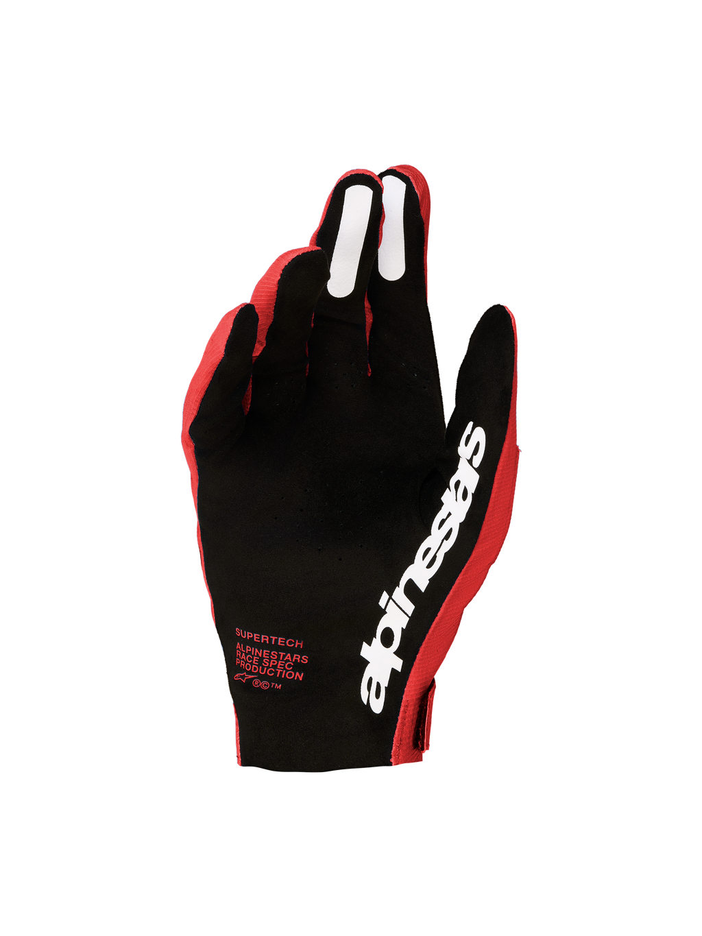 Alpinestars Supertech MX Handschuhe 2027, Herren-Motocross-Handschuhe, Rot und Schwarz, Handflächenansicht mit perforierter Innenhand, weißem Alpinestars-Branding und Silikon-Grip.