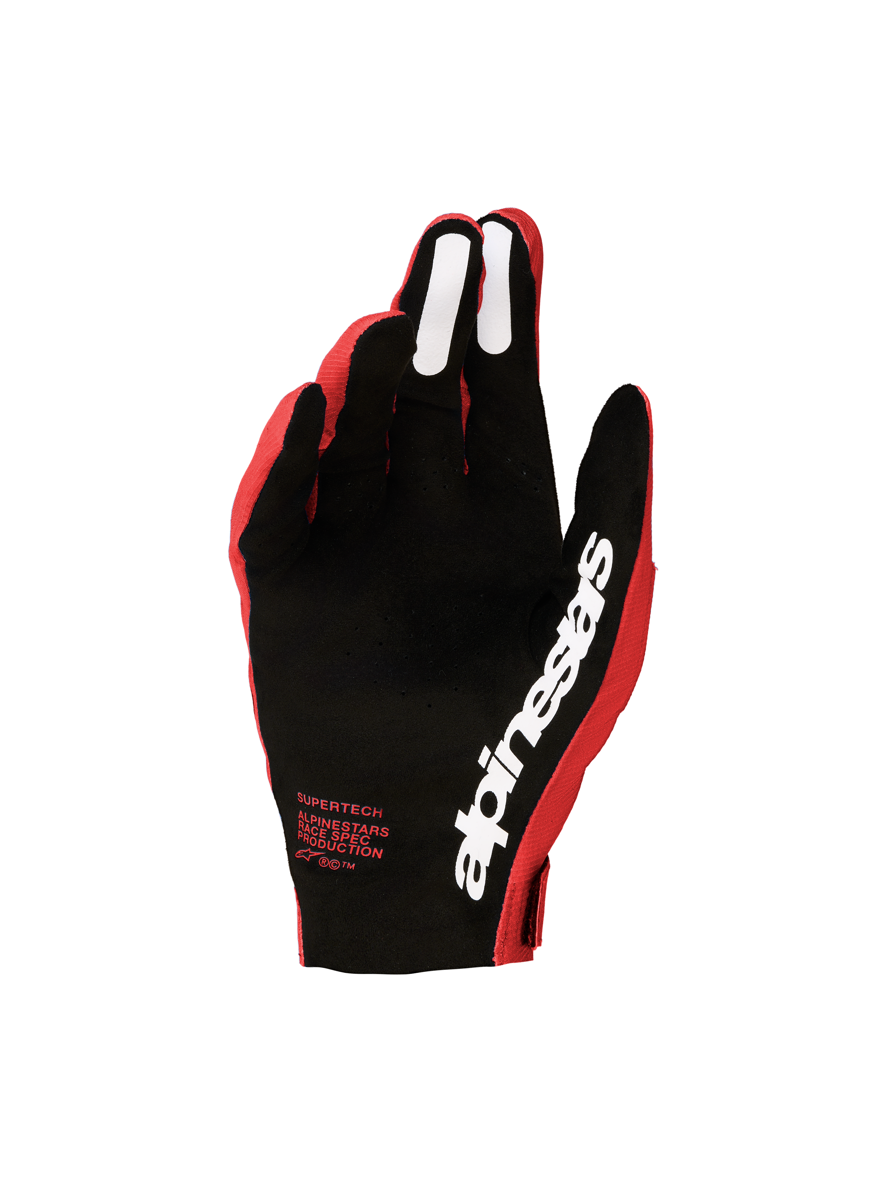 Alpinestars Supertech MX Handschuhe 2027, Herren-Motocross-Handschuhe, Rot und Schwarz, Handflächenansicht mit perforierter Innenhand, weißem Alpinestars-Branding und Silikon-Grip.