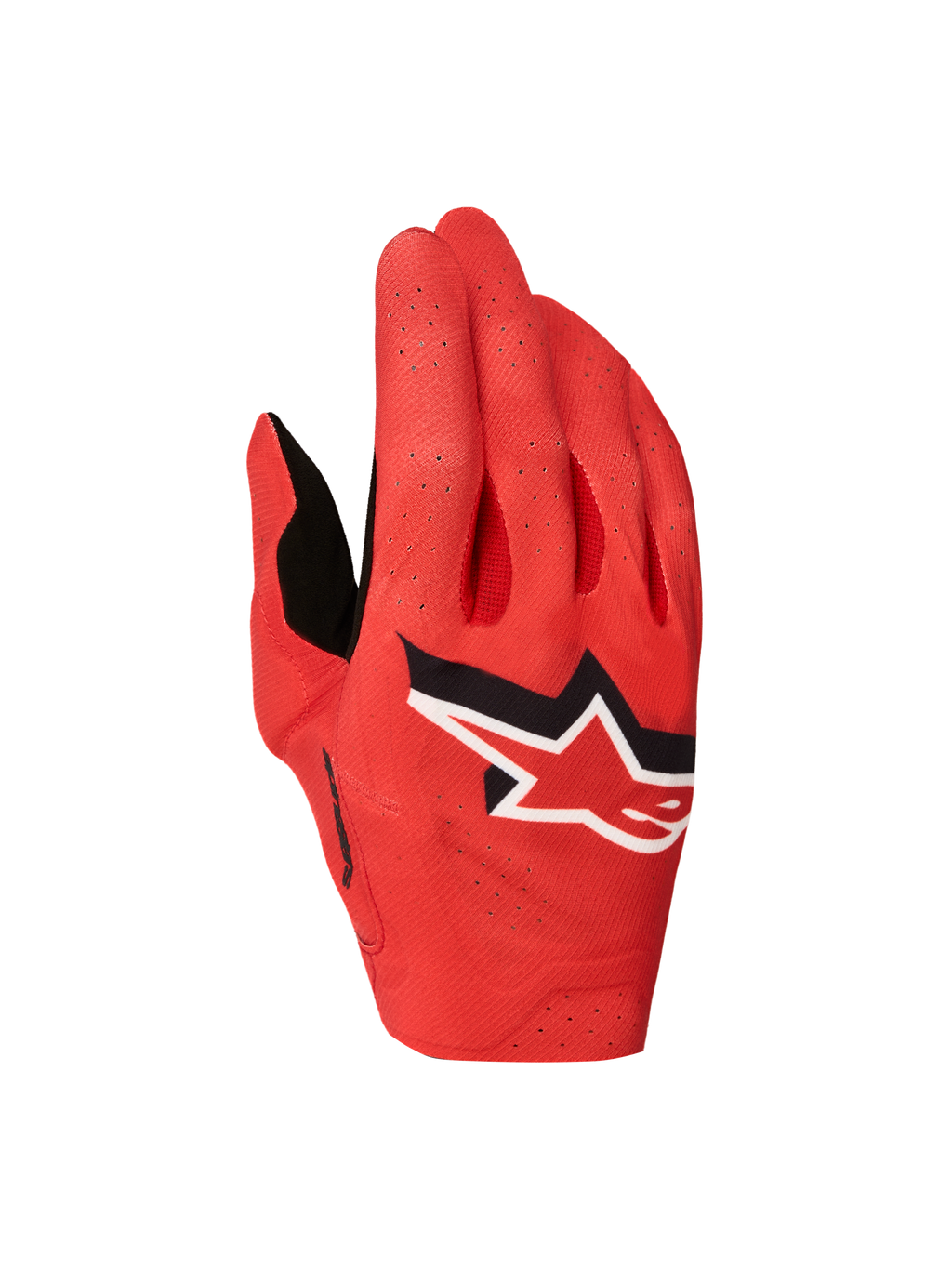 Alpinestars Supertech MX Handschuhe 2027, Motocross-Handschuhe in Feuerrot, schwarz-weißes Sternlogo und Laserperforationen.