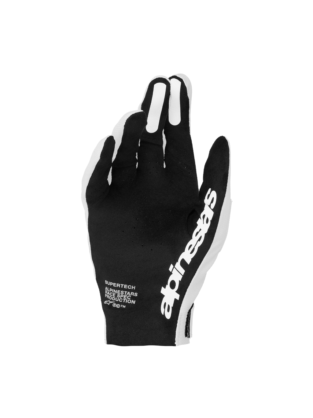 Alpinestars Supertech MX Handschuhe, Motocross-Handschuhe in Schwarz und Weiß mit perforierten Handflächen für präzise Rennkontrolle.