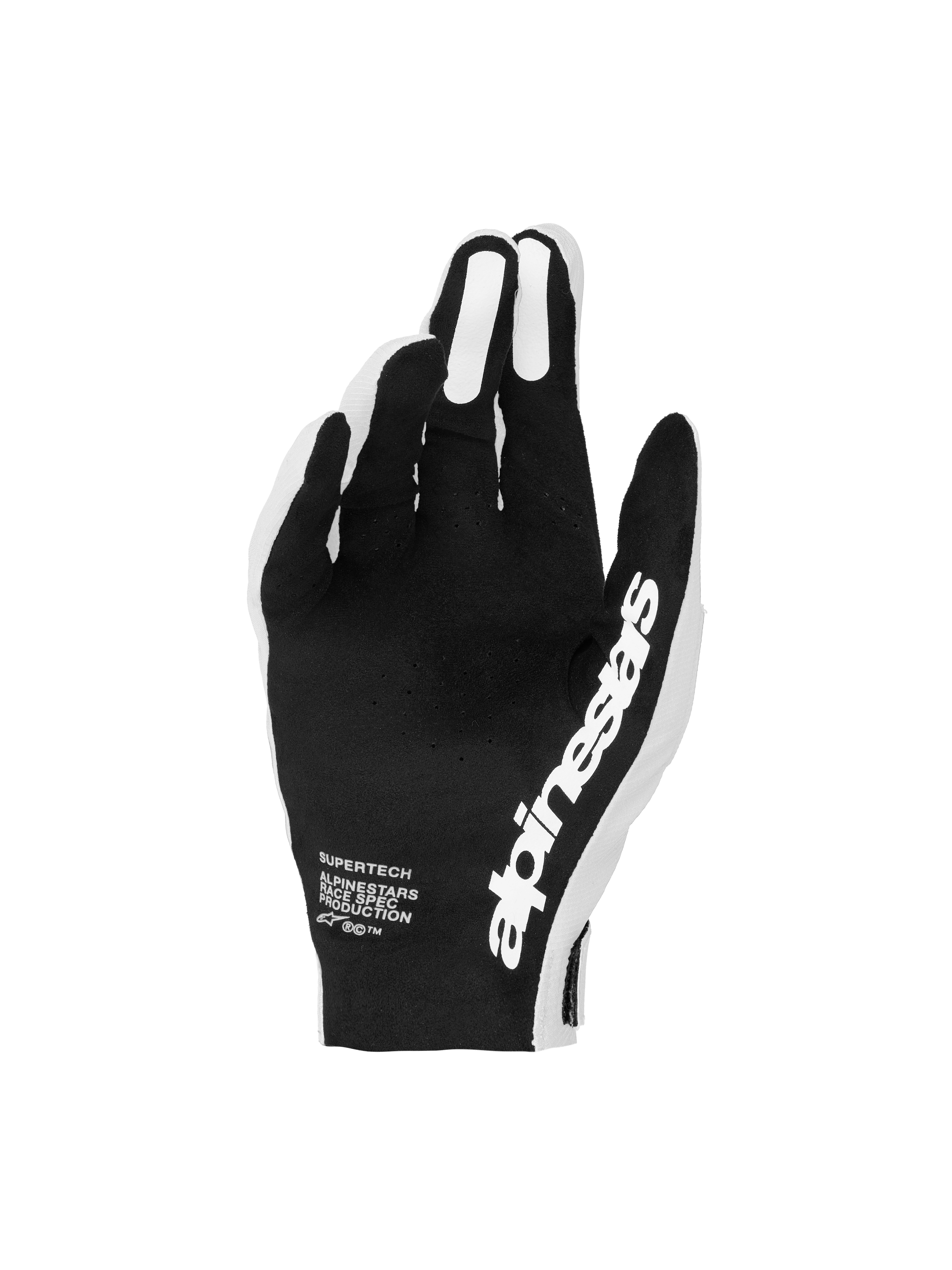 Alpinestars Supertech MX Handschuhe, Motocross-Handschuhe in Schwarz und Weiß mit perforierten Handflächen für präzise Rennkontrolle.