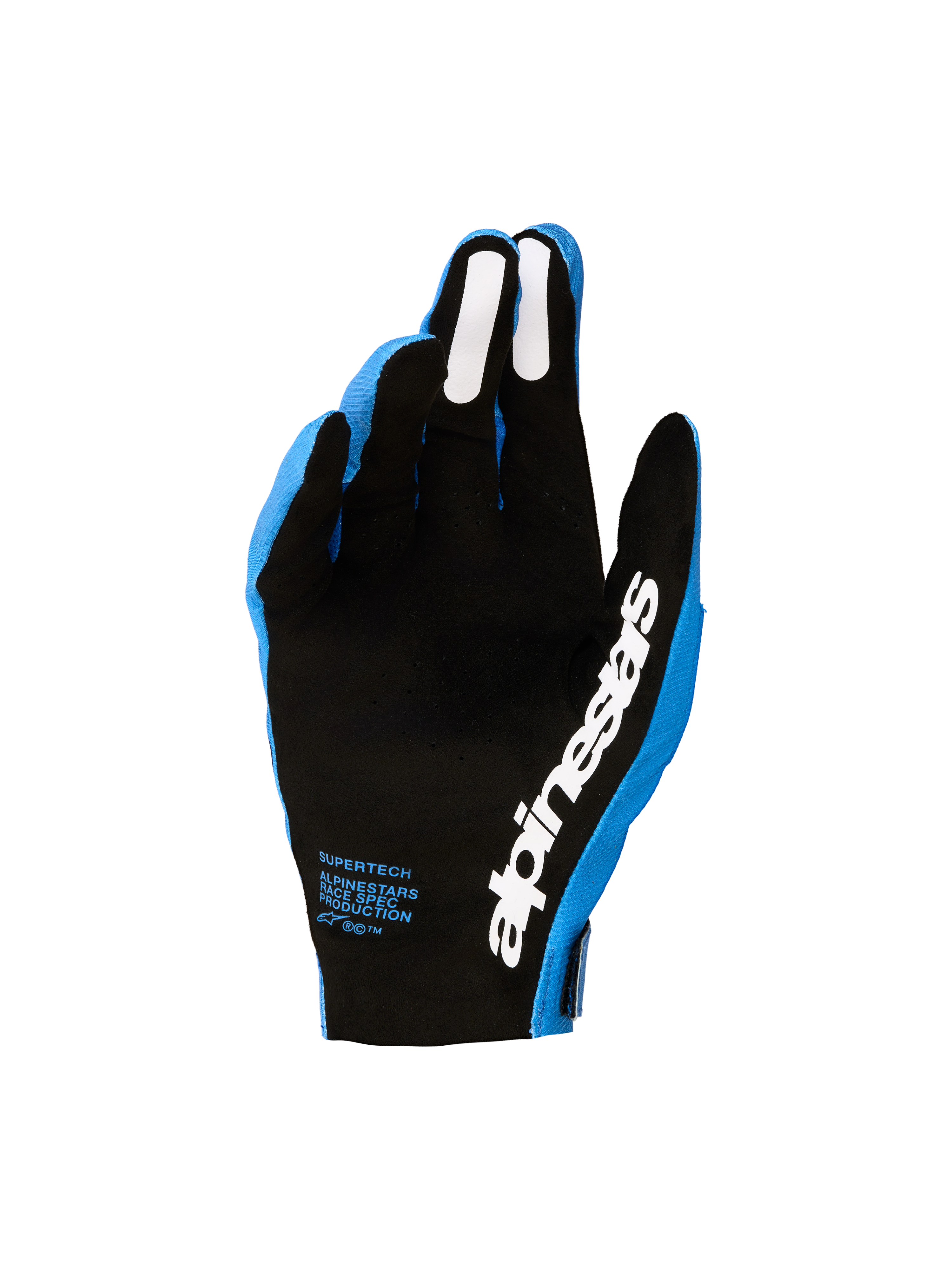 Alpinestars Supertech MX Handschuhe, Herren-Motocross-Handschuhe in Blau und Schwarz, mit perforierter Handfläche und weißem Silikongriff.