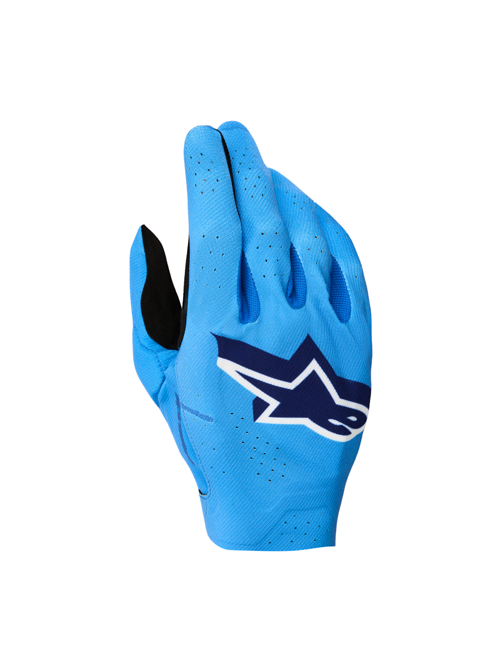 Alpinestars Supertech MX Handschuhe 2027, blaue Motocross-Rennhandschuhe mit atmungsaktiver Stretch-Oberhand und weißem Logo.