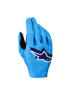 Alpinestars Supertech MX Handschuhe 2027, blaue Motocross-Rennhandschuhe mit atmungsaktiver Stretch-Oberhand und weißem Logo.