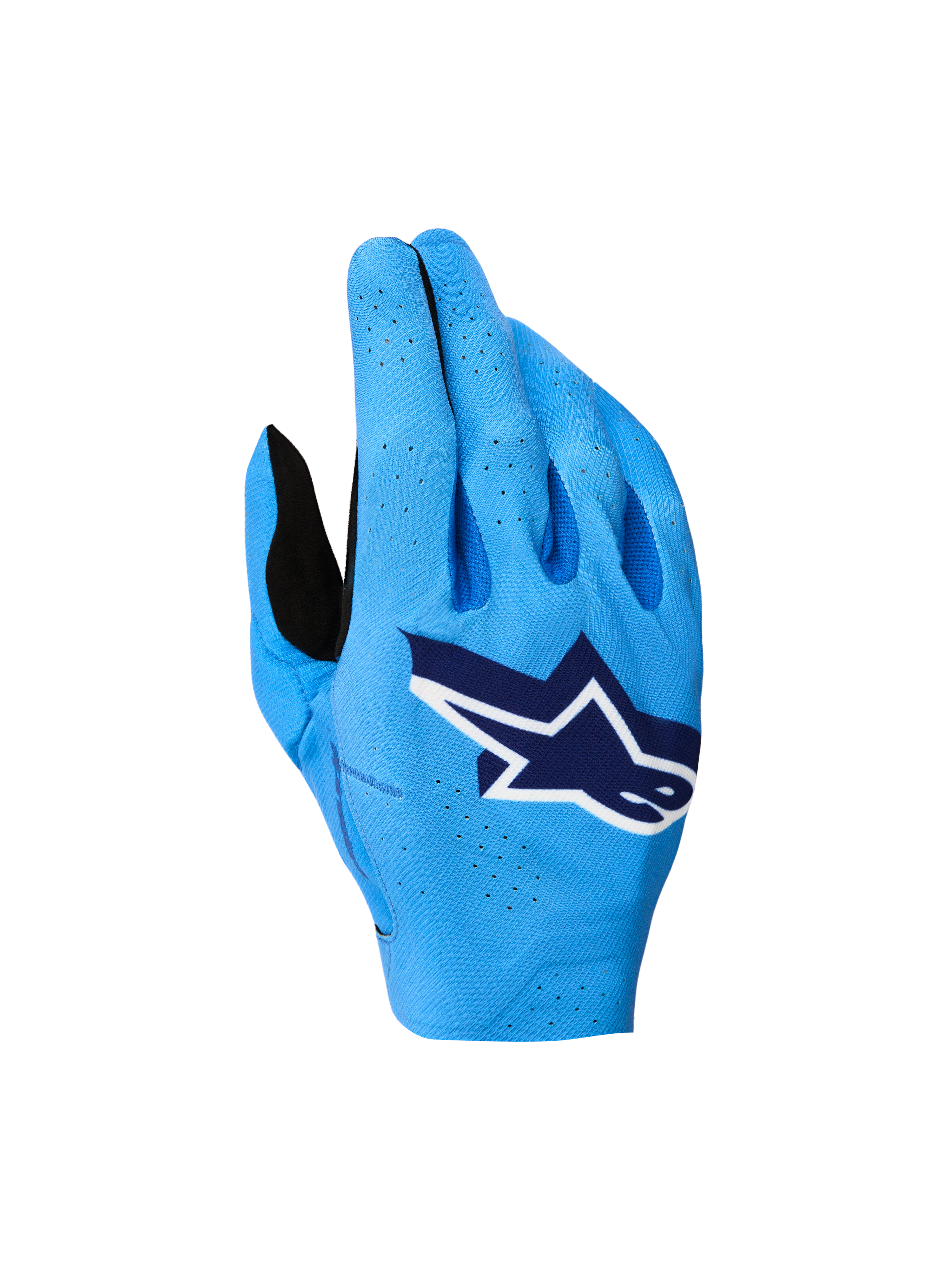 Alpinestars Supertech MX Handschuhe 2027, blaue Motocross-Rennhandschuhe mit atmungsaktiver Stretch-Oberhand und weißem Logo.