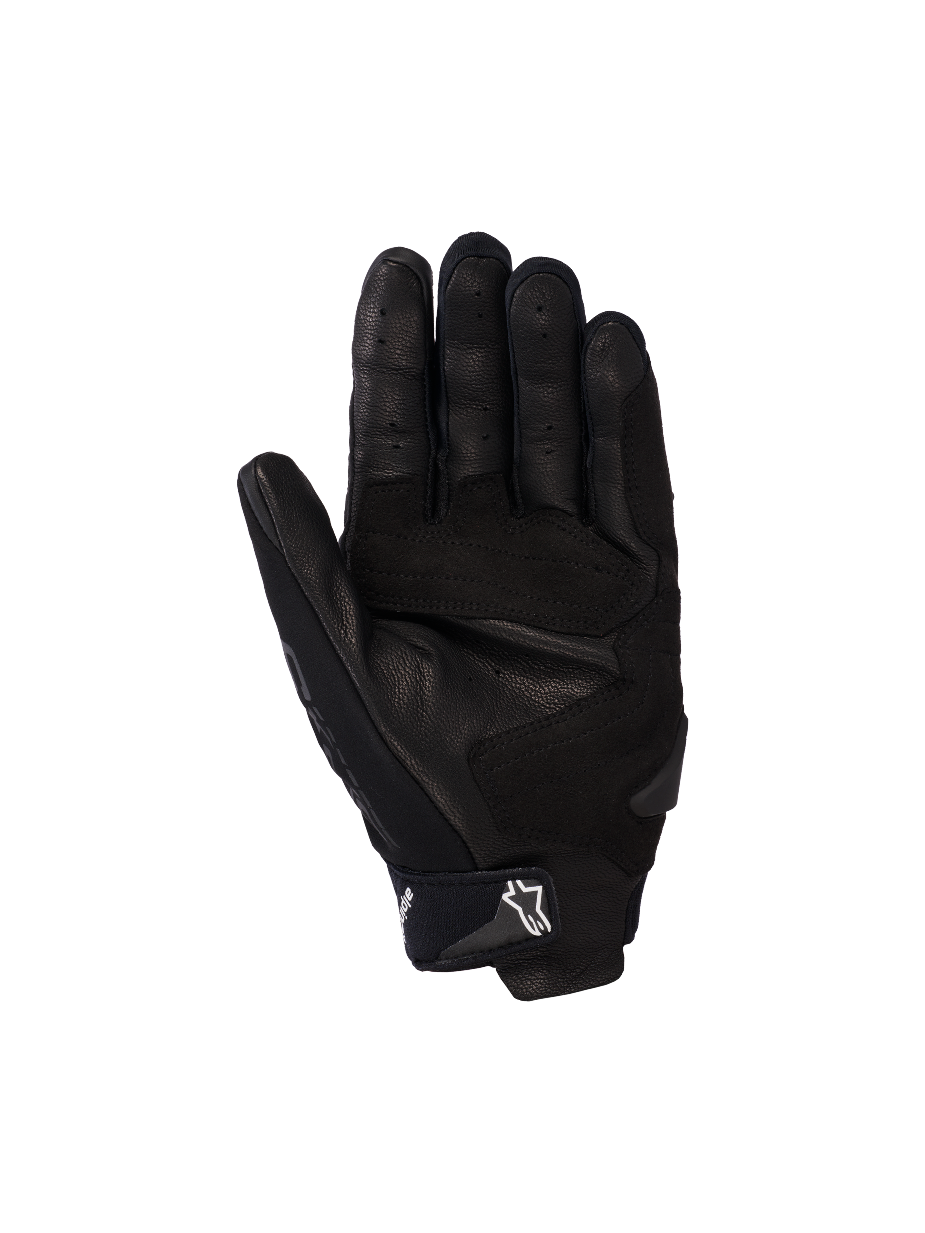 Alpinestars SP X 5 Air Handschuhe, Motorradhandschuhe, Schwarz, Handflächenansicht mit perforiertem Leder, verstärkten Handflächen-Slidern und verstellbarem Handgelenkriemen mit weißem Stern-Logo, sportliche Schutzausrüstung