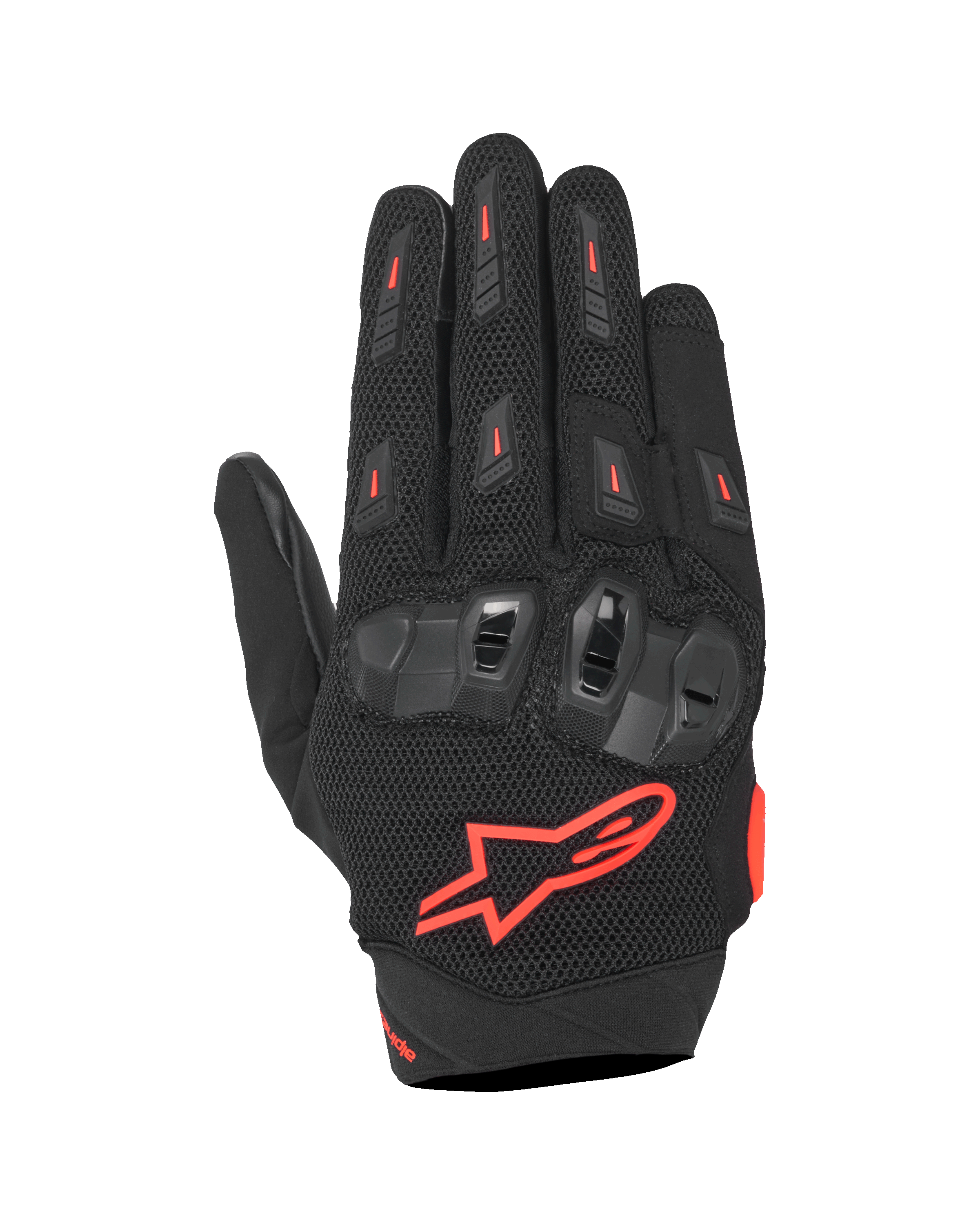 Alpinestars SP X 5 Air Gloves, Motorcycle Sport Gloves, Black and Red Fluo, featuring stretch 3D mesh backhand, TPU double-density knuckle protection, red Alpinestars star logo, breathable perforated design for summer sport riding