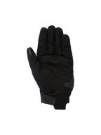 Alpinestars Reef V2 Handschuhe, Schwarze Urban-Motorradhandschuhe, Handflächenansicht mit Konstruktion aus synthetischem Wildleder und verstärkter Polsterung, kurze Stulpe mit Klettverschluss, touchscreen-kompatibler Zeigefinger und Daumen, ergonomisches Design für Straßenfahrten