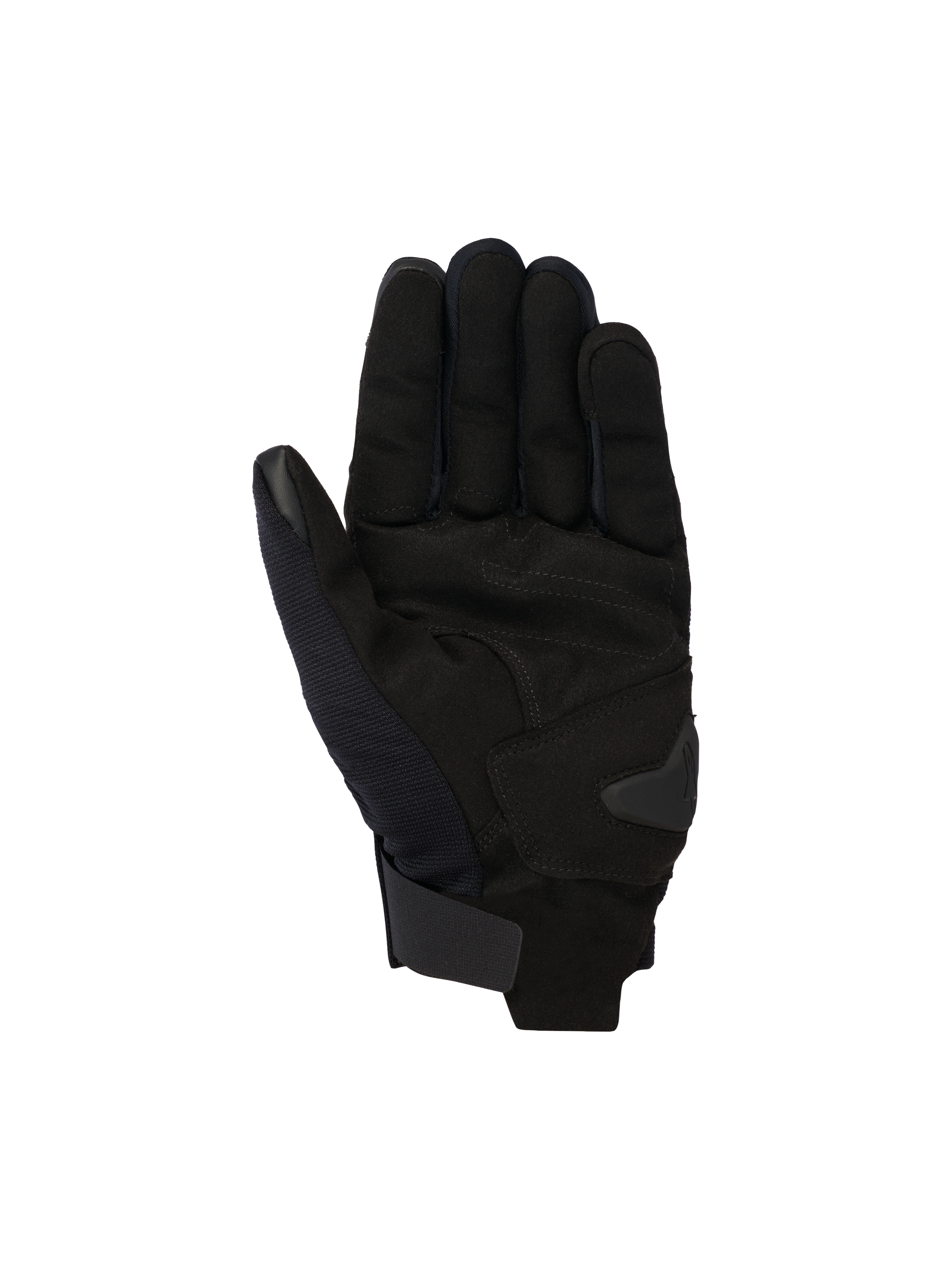 Alpinestars Reef V2 Handschuhe, Schwarze Urban-Motorradhandschuhe, Handflächenansicht mit Konstruktion aus synthetischem Wildleder und verstärkter Polsterung, kurze Stulpe mit Klettverschluss, touchscreen-kompatibler Zeigefinger und Daumen, ergonomisches Design für Straßenfahrten
