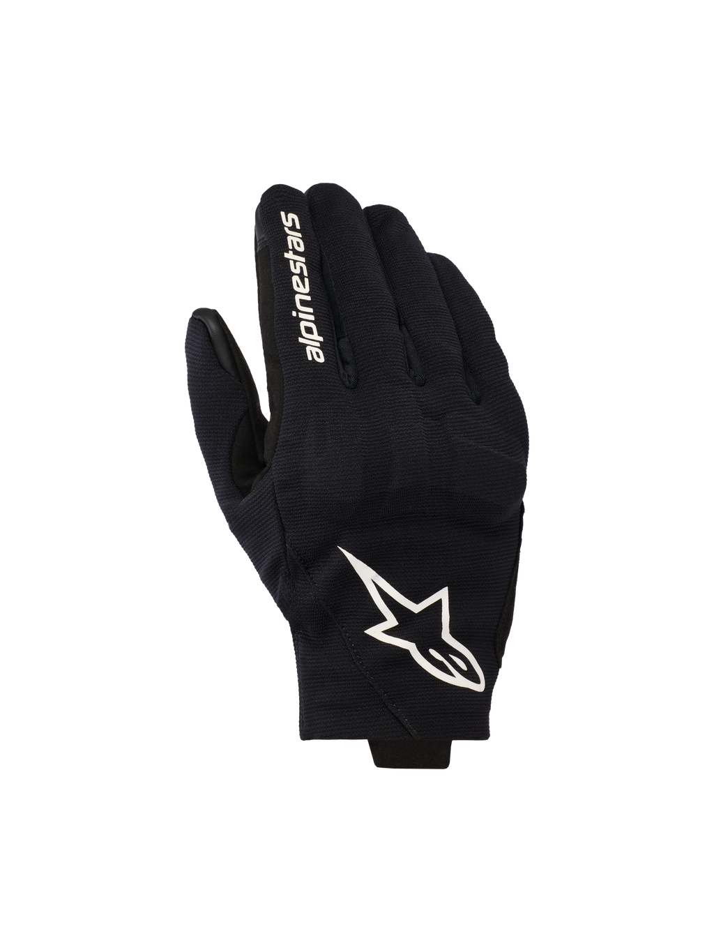 Alpinestars Reef V2 Handschuhe, schwarz-weiße Motorradhandschuhe, Oberhand aus strukturiertem Stretch-Gewebe mit markantem weißem Sternenlogo und Markenschriftzug auf dem Zeigefinger, urbanes Design mit kurzer Stulpe