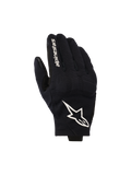 Alpinestars Reef V2 Handschuhe, schwarz-weiße Motorradhandschuhe, Oberhand aus strukturiertem Stretch-Gewebe mit markantem weißem Sternenlogo und Markenschriftzug auf dem Zeigefinger, urbanes Design mit kurzer Stulpe