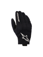 Alpinestars Reef V2 Handschuhe, schwarz-weiße Motorradhandschuhe, Oberhand aus strukturiertem Stretch-Gewebe mit markantem weißem Sternenlogo und Markenschriftzug auf dem Zeigefinger, urbanes Design mit kurzer Stulpe
