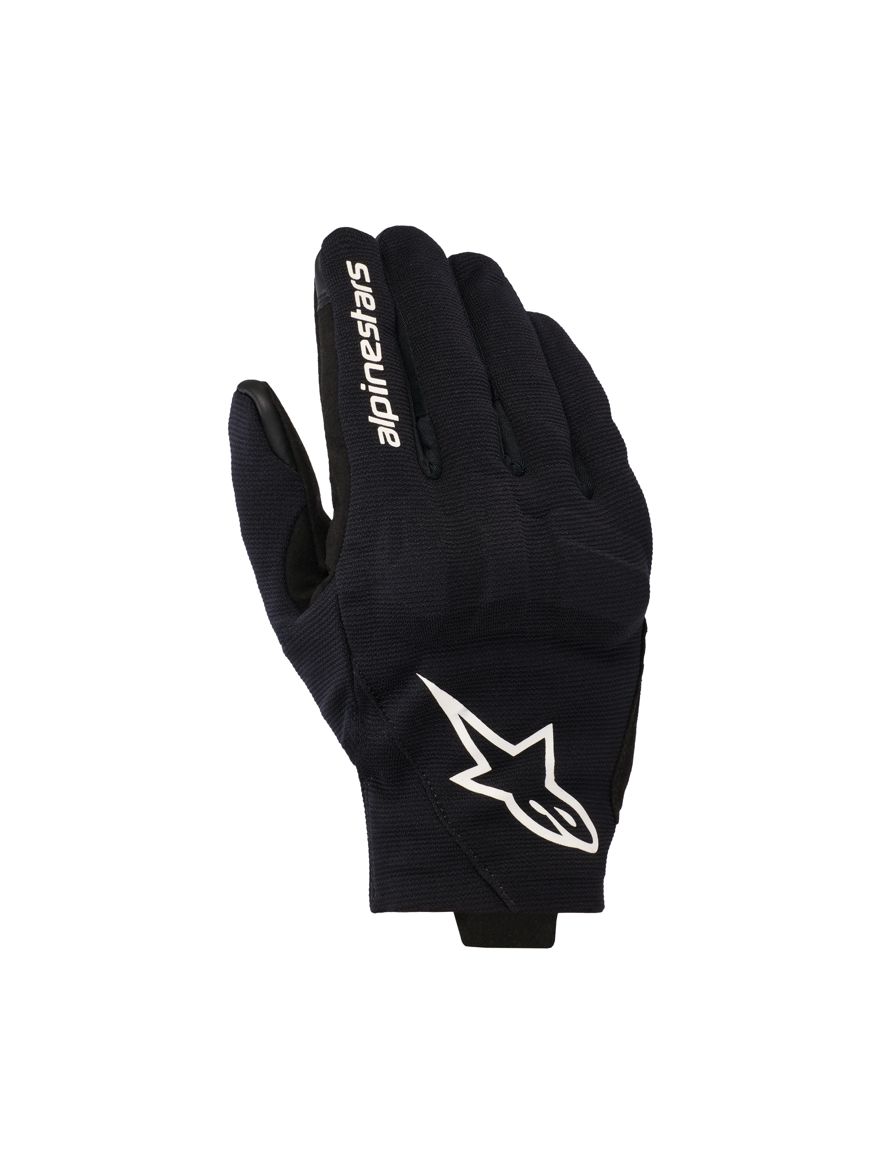 Alpinestars Reef V2 Handschuhe, schwarz-weiße Motorradhandschuhe, Oberhand aus strukturiertem Stretch-Gewebe mit markantem weißem Sternenlogo und Markenschriftzug auf dem Zeigefinger, urbanes Design mit kurzer Stulpe