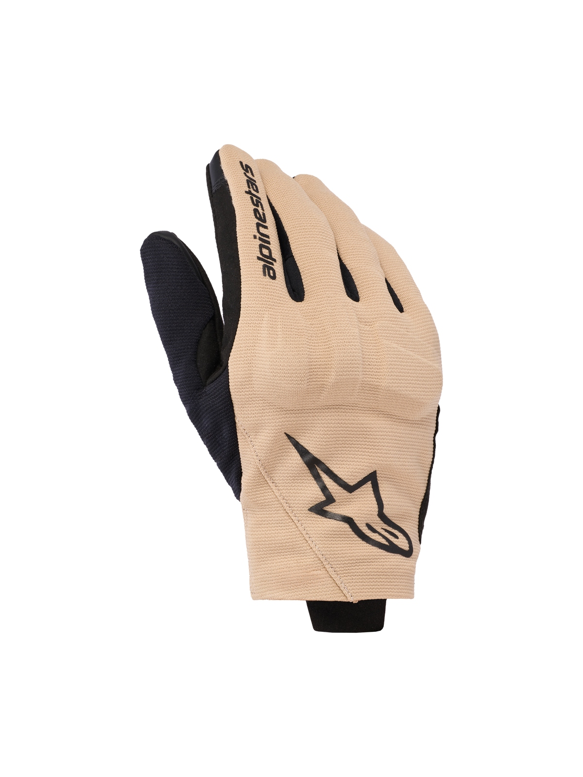 Alpinestars Reef V2 Handschuhe, Motorradhandschuhe, Sand und Schwarz, urbanes Design mit kurzer Stulpe und belüftetem Stretchgewebe, schwarzes Stern-Logo auf dem Handrücken und Alpinestars-Schriftzug auf dem Zeigefinger, moderne Straßenausrüstung