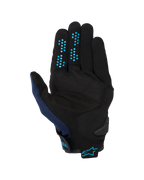 Alpinestars Chrome V2 Gloves, Dark Blue Hawaiian Ocean, palm view, black synthetic suede construction with blue silicone grip dots on fingers, breathable mesh on thumb, and adjustable cuff with blue Alpinestars logo.