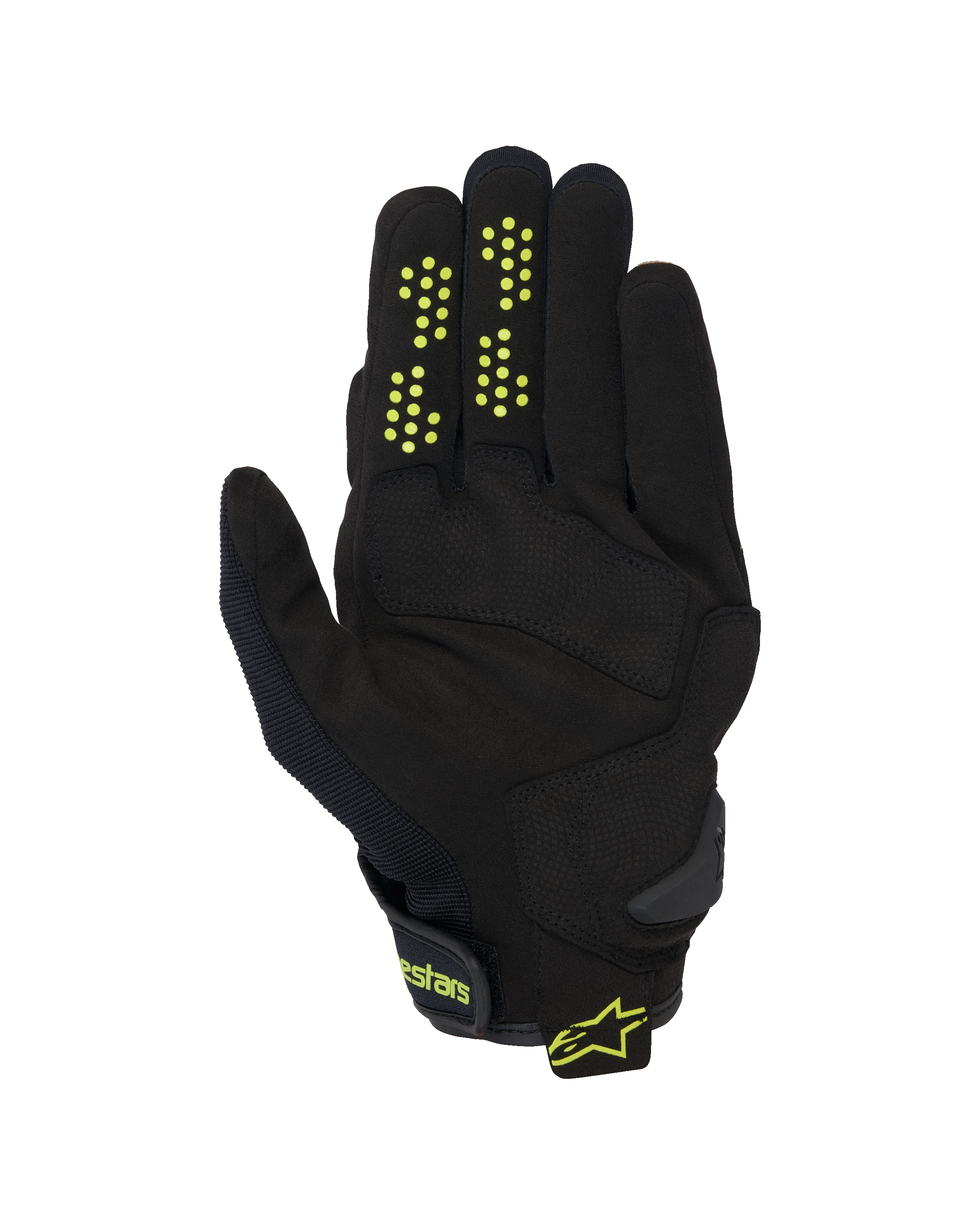 Alpinestars Chrome V2 Handschuhe, Kurzstulpen-Motorradhandschuhe, Schwarz mit neongelben Akzenten, Handflächenansicht mit Konstruktion aus synthetischem Wildleder, Silikon-Grip-Punkten an den Fingern und Klettverschluss am Handgelenk mit Alpinestars-Branding.