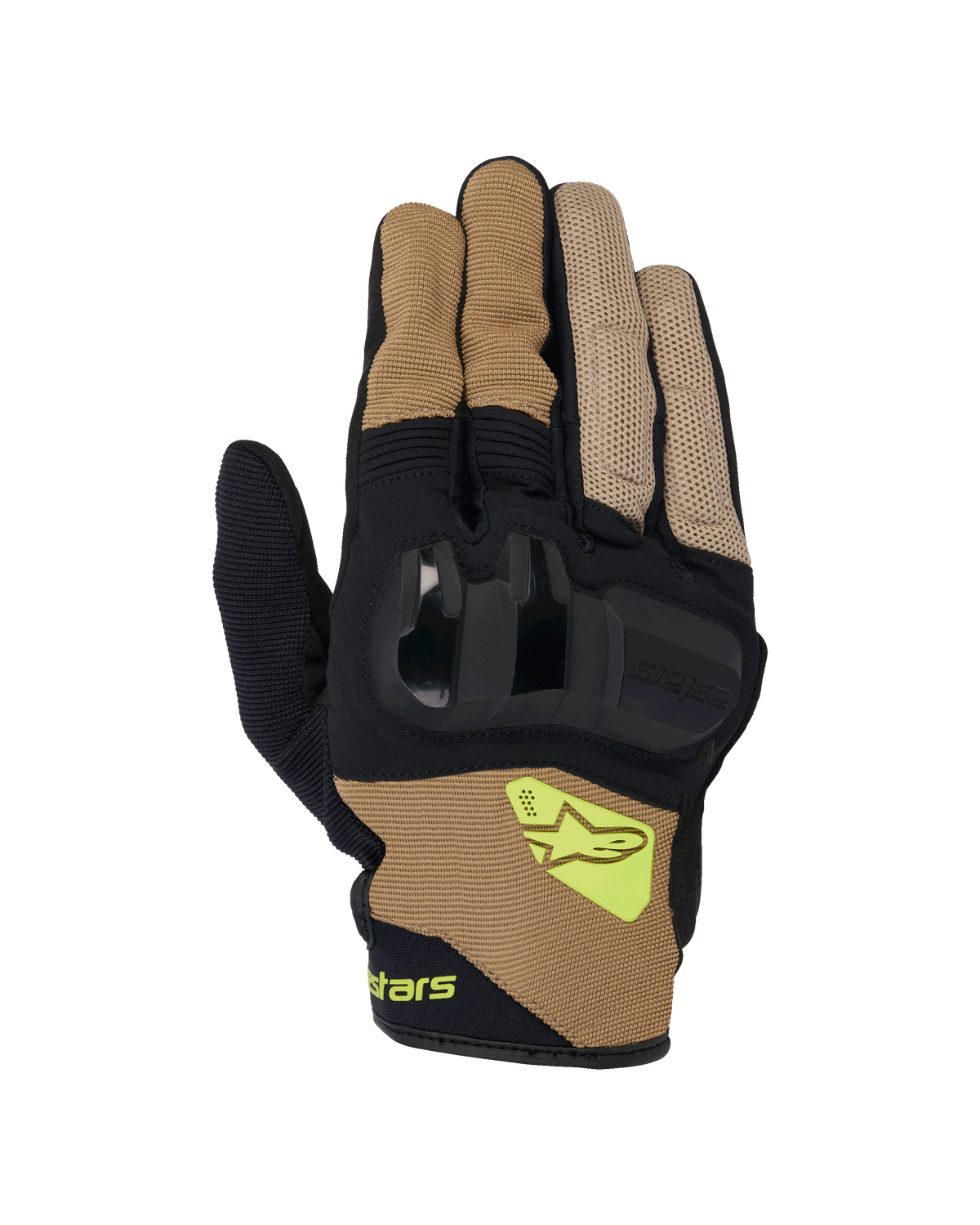 Alpinestars Chrome V2 Handschuhe, Motorradhandschuhe mit kurzer Stulpe, Dunkles Khaki und Schwarz, harter Knöchelschutz, atmungsaktive Mesh-Einsätze, fluoreszierend gelbes Alpinestars-Logo, Urban-Road-Fahrausrüstung