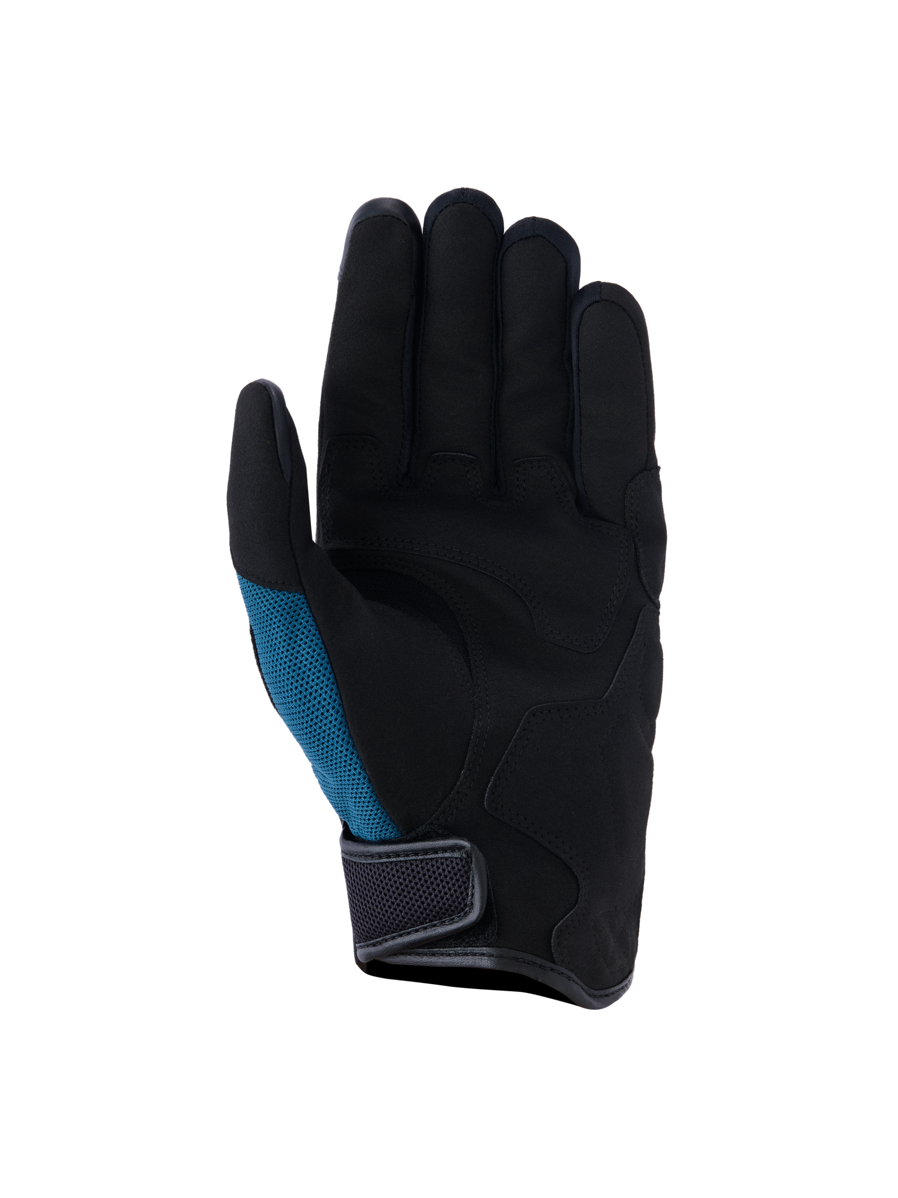 Alpinestars Ignite Handschuhe, Urban-Motorradhandschuhe, Indigoblau und Schwarz, Handflächenansicht mit synthetischem Wildleder und strategischer Polsterung, blaugrünes Mesh-Seitenpanel und Design mit kurzem Bündchen mit Klettverschluss
