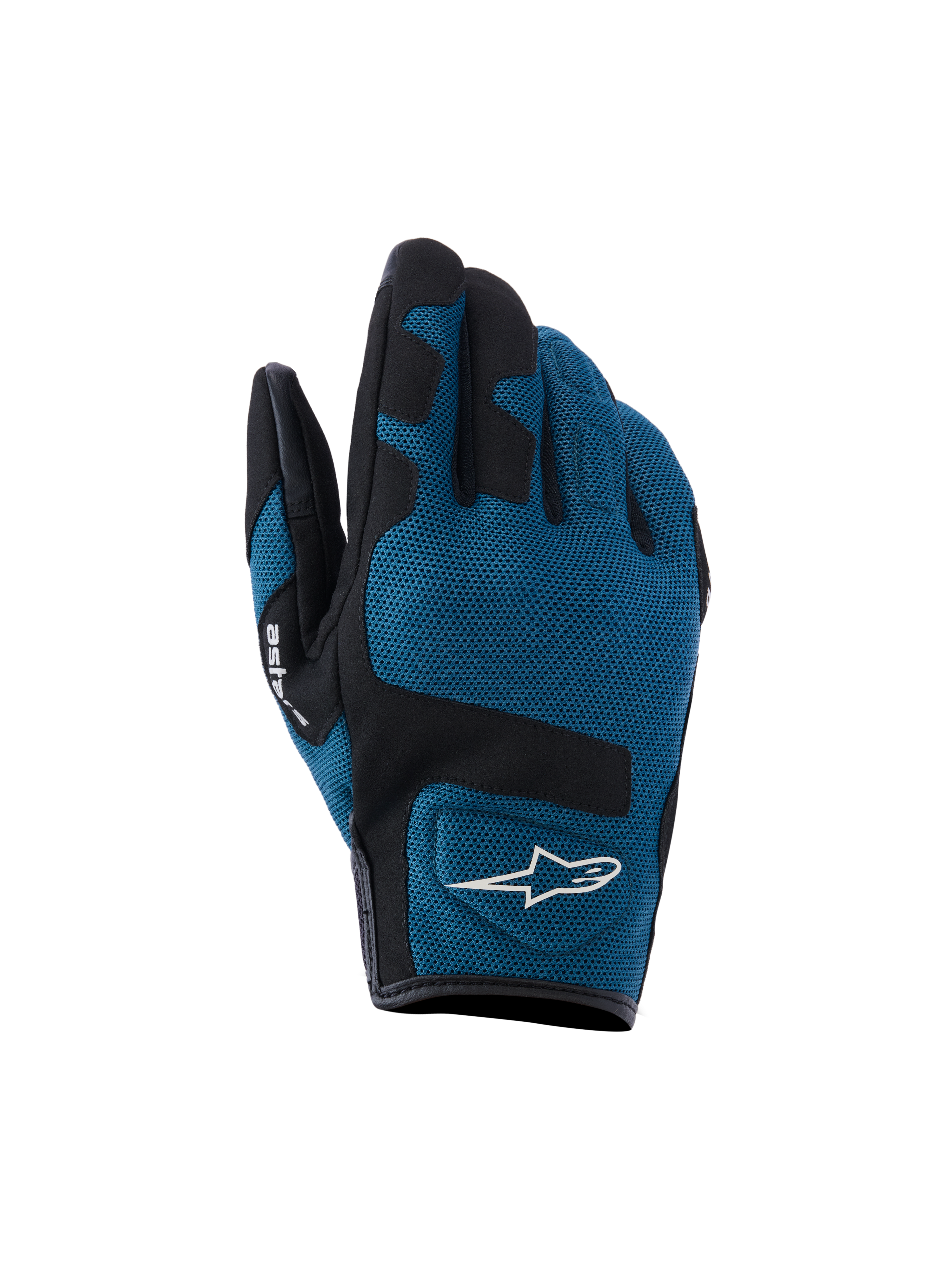 Alpinestars Ignite Gloves, Urban Motorcycle Gloves, Indigo Blue and Black, breathable mesh textile construction on the backhand, black reinforced panels over the knuckles, white A-star logo, short cuff design for urban street riding