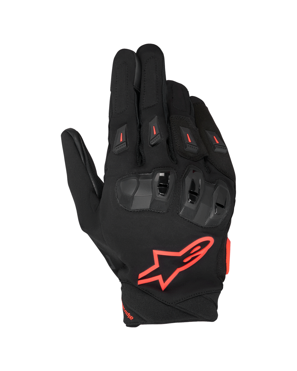Alpinestars SP X 3 Gloves, Motorcycle Racing Gloves, Black and Red Fluo, featuring a large red star logo on the backhand, dual-density TPU knuckle protection with red accents, and ventilated finger sliders, sporty protective design for road riding