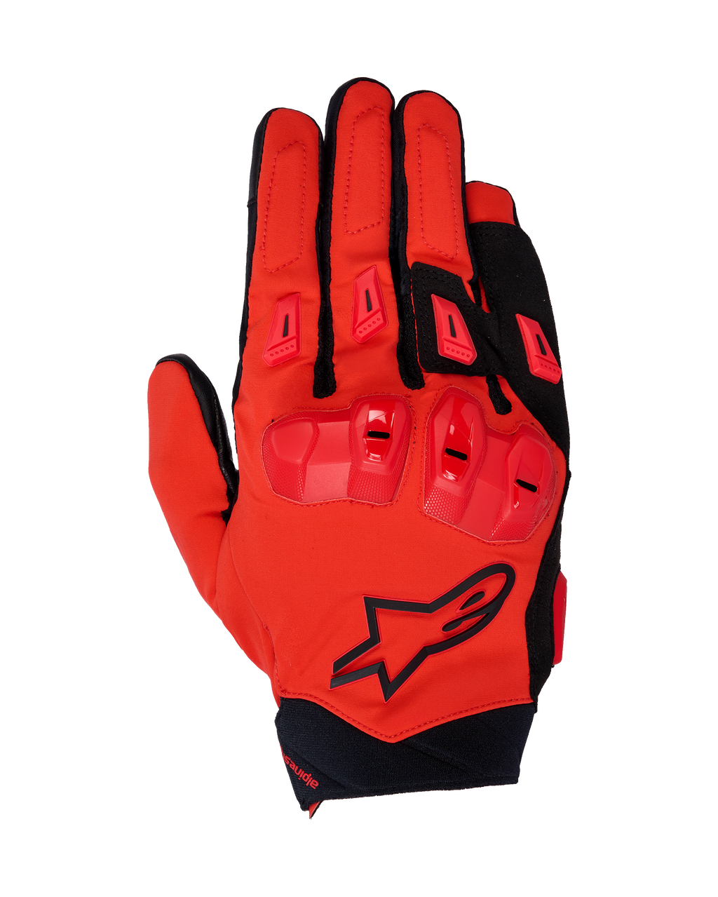 Alpinestars 2025 SP X 3 Gloves, Motorcycle Racing Gloves, Bright Red and Black, featuring TPU double-density knuckle protection and finger sliders, top view showing stretch mesh construction and black star logo